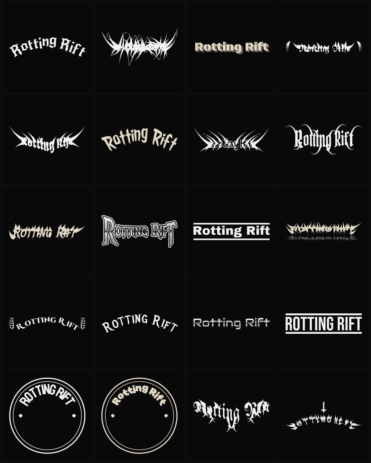 Twenty Rotting Rift band logo ideas — different faces, treatments and spike settings
