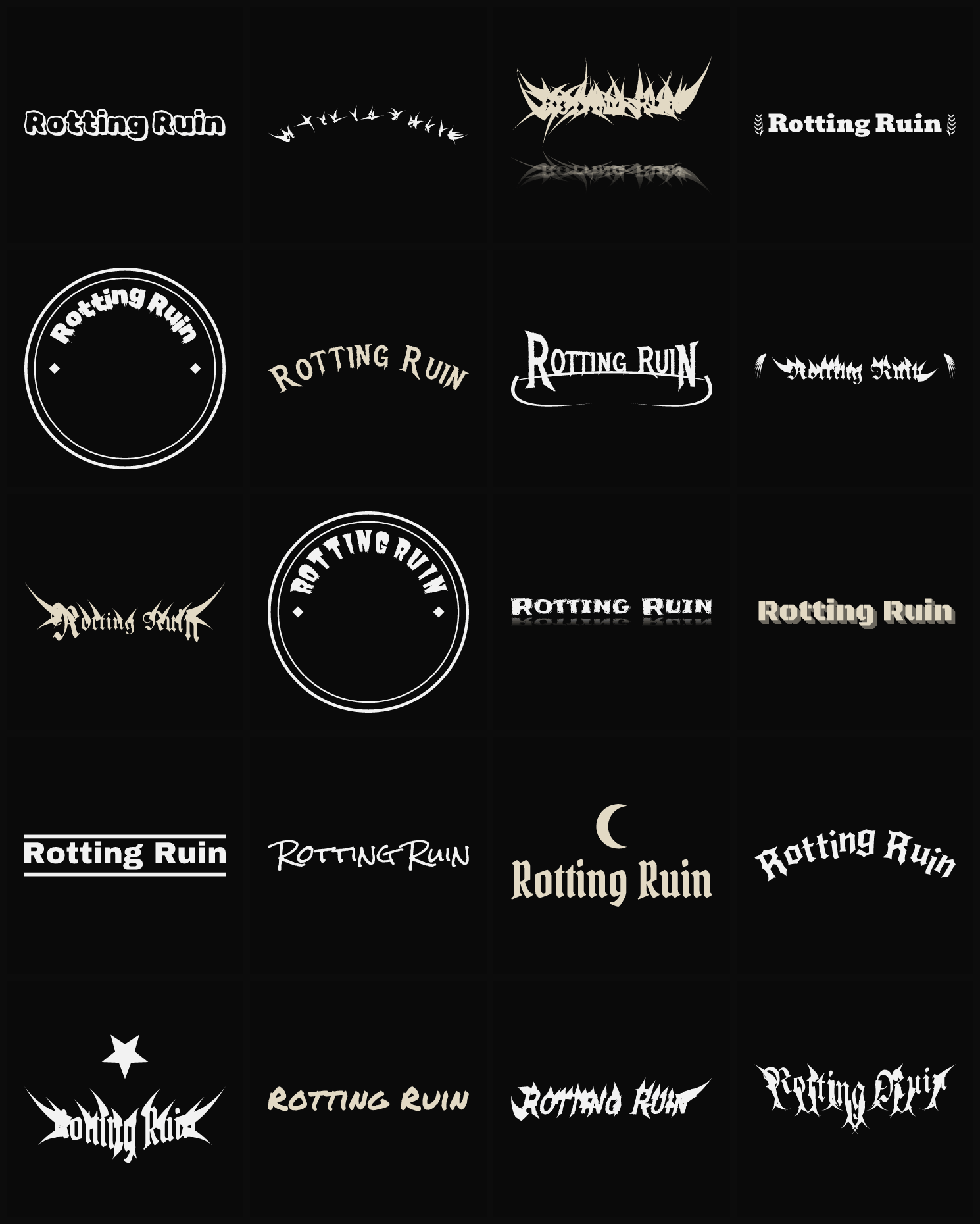 Twenty Rotting Ruin band logo ideas — different faces, treatments and spike settings