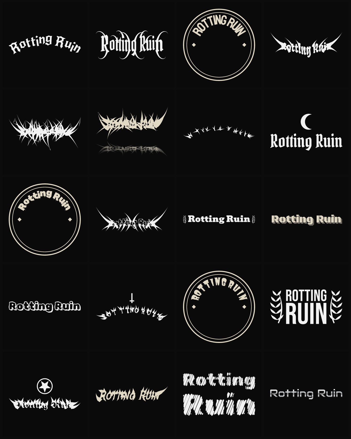 Twenty Rotting Ruin band logo ideas — different faces, treatments and spike settings