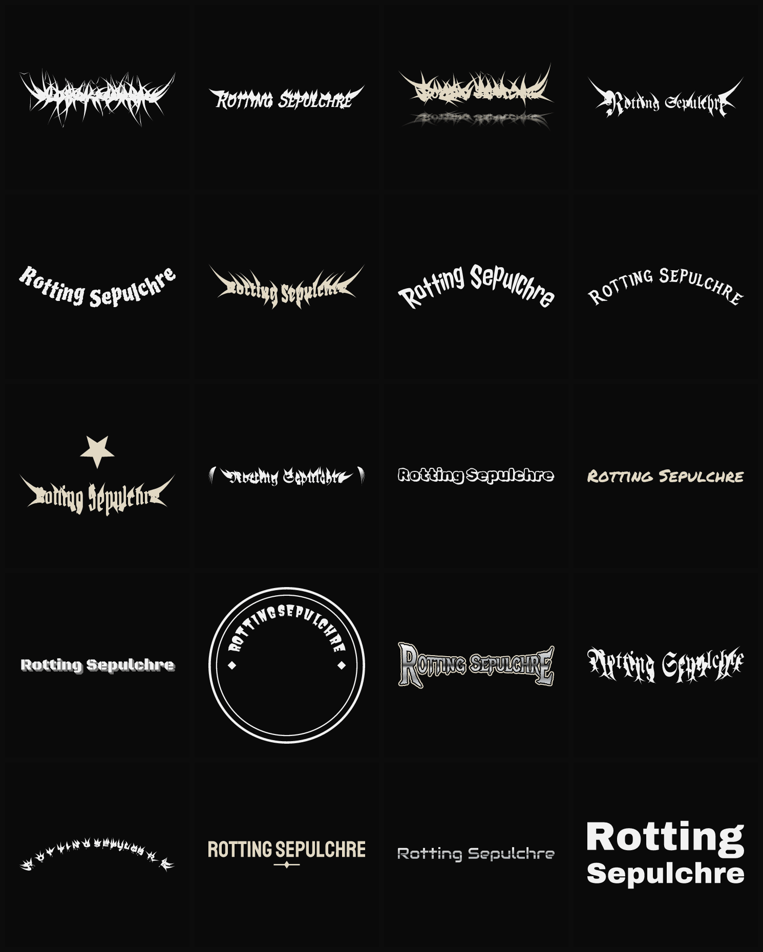 Twenty Rotting Sepulchre band logo ideas — different faces, treatments and spike settings