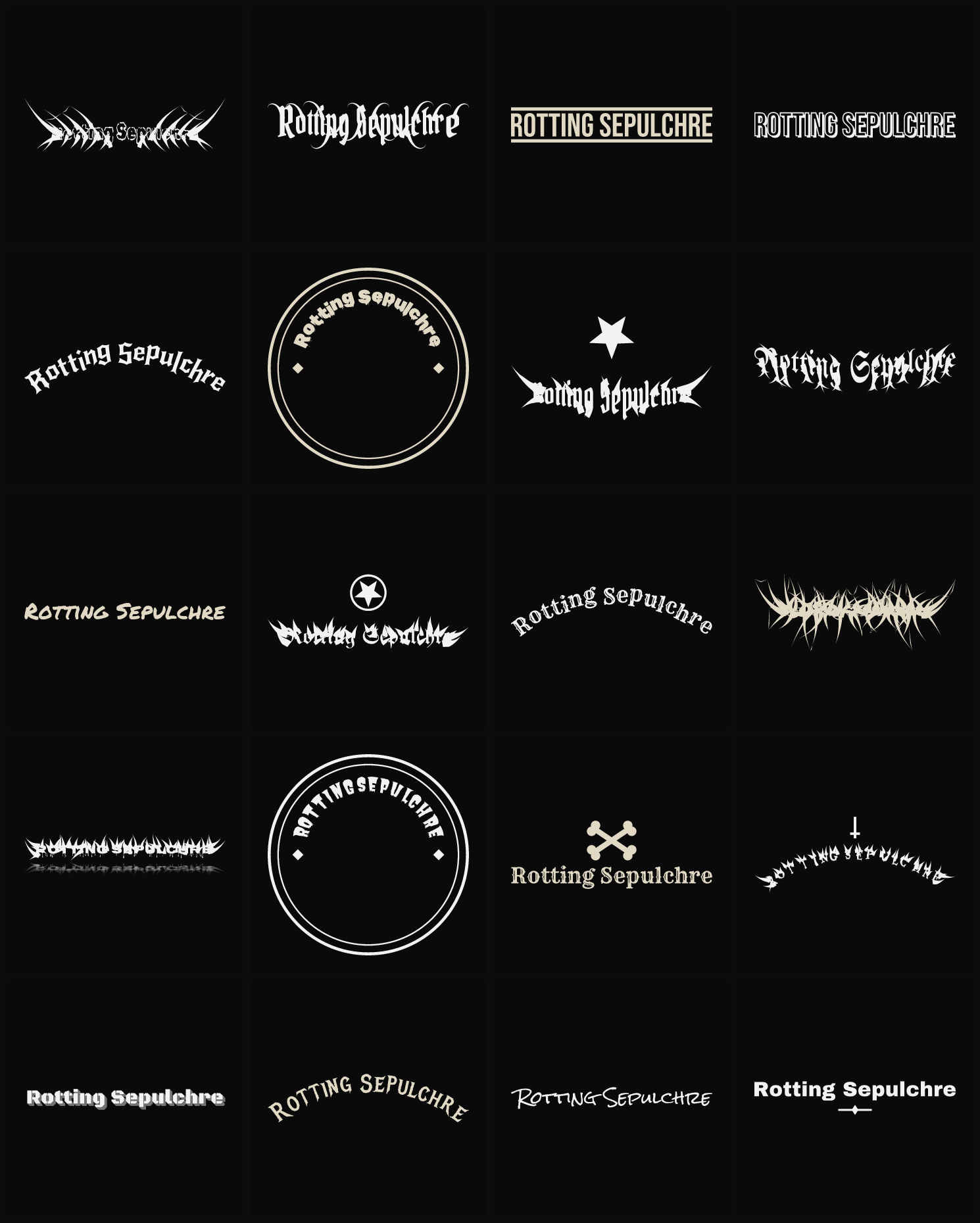 Twenty Rotting Sepulchre band logo ideas — different faces, treatments and spike settings
