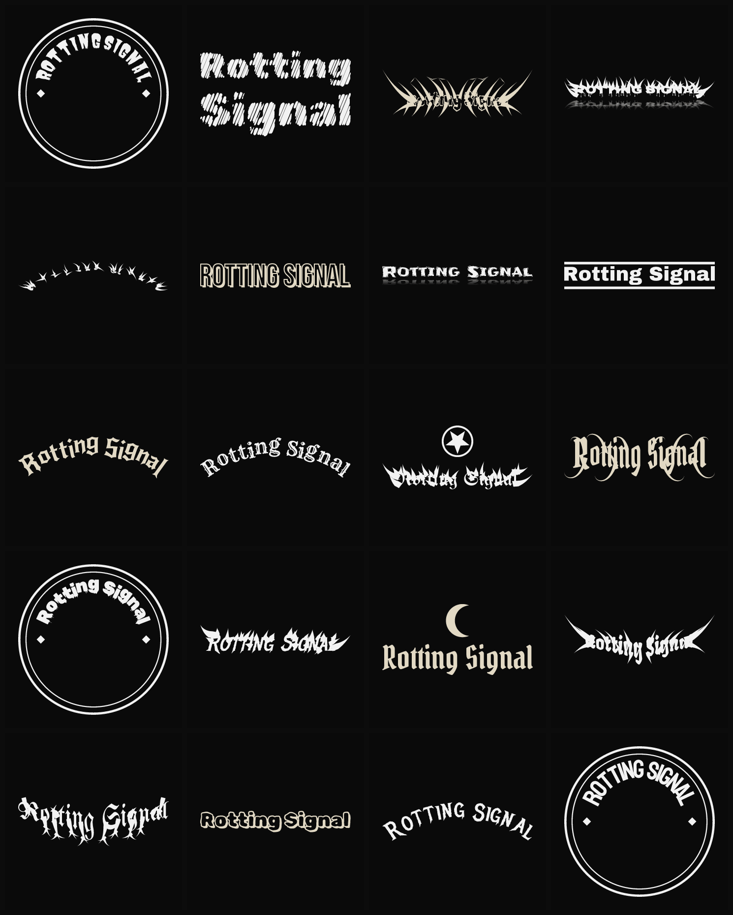 Twenty Rotting Signal band logo ideas — different faces, treatments and spike settings