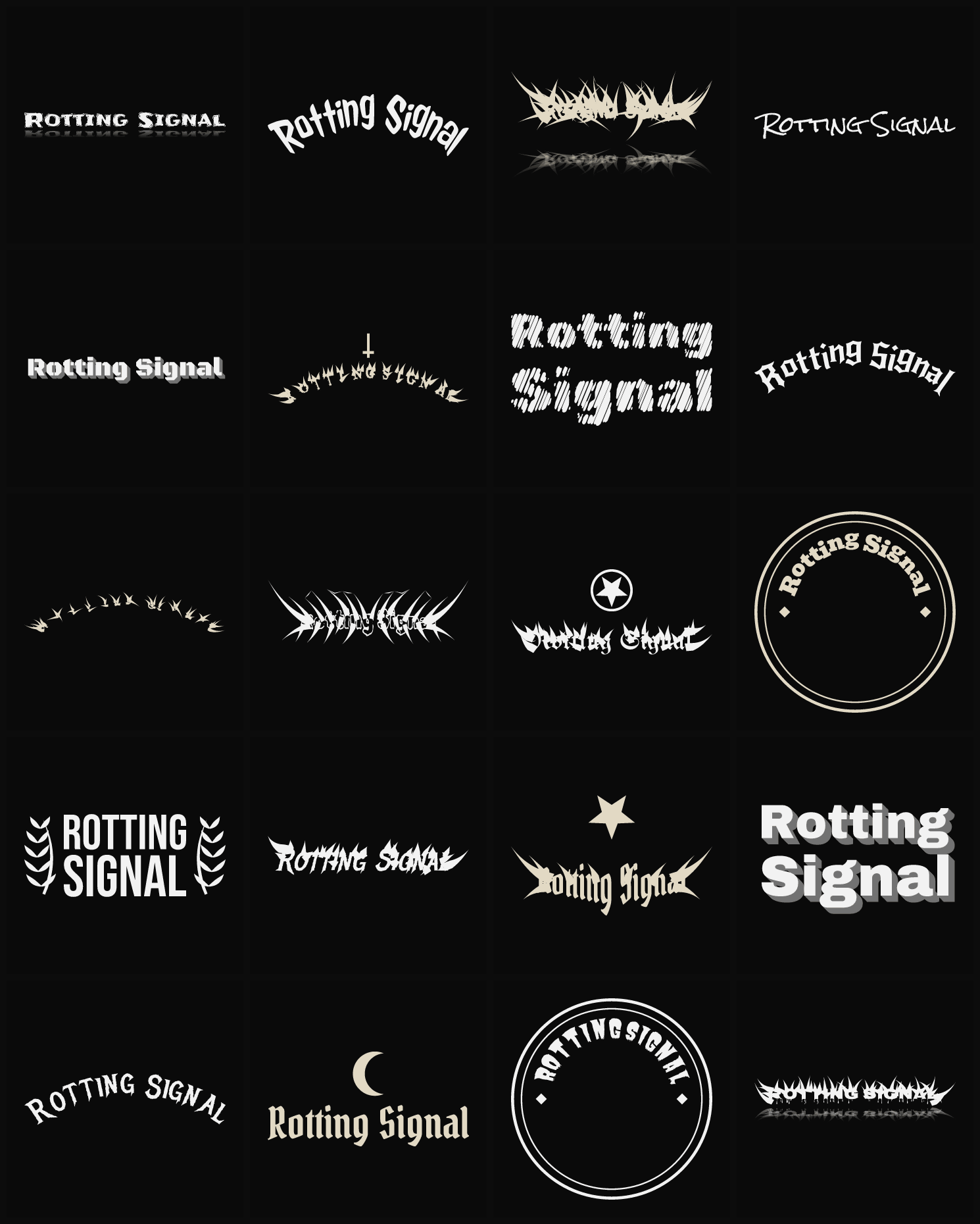 Twenty Rotting Signal band logo ideas — different faces, treatments and spike settings