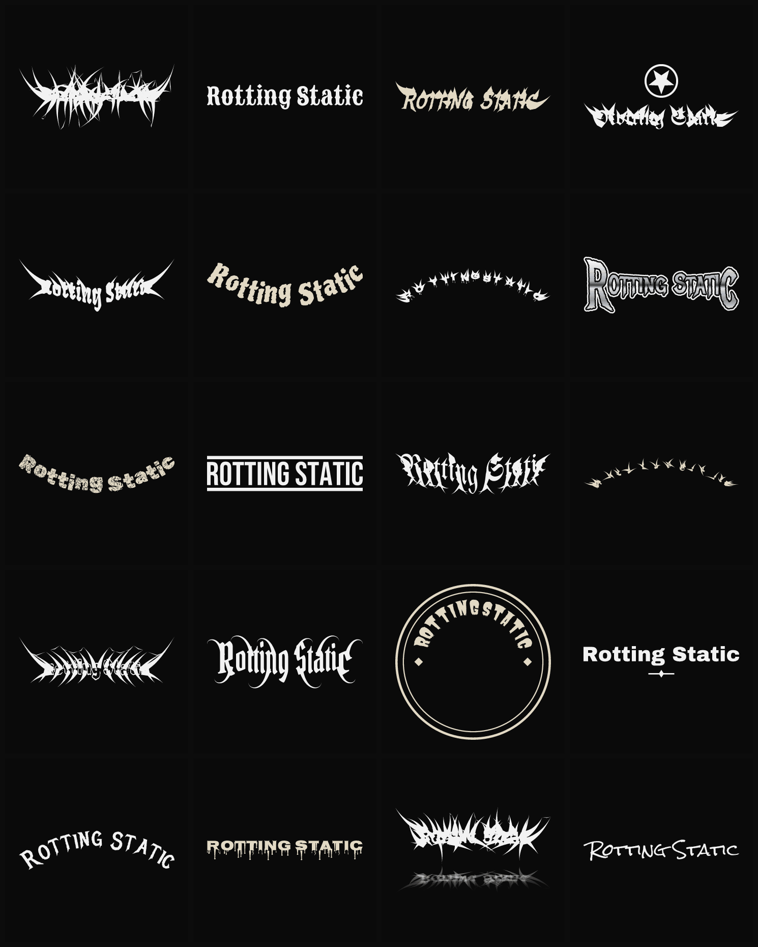 Twenty Rotting Static band logo ideas — different faces, treatments and spike settings
