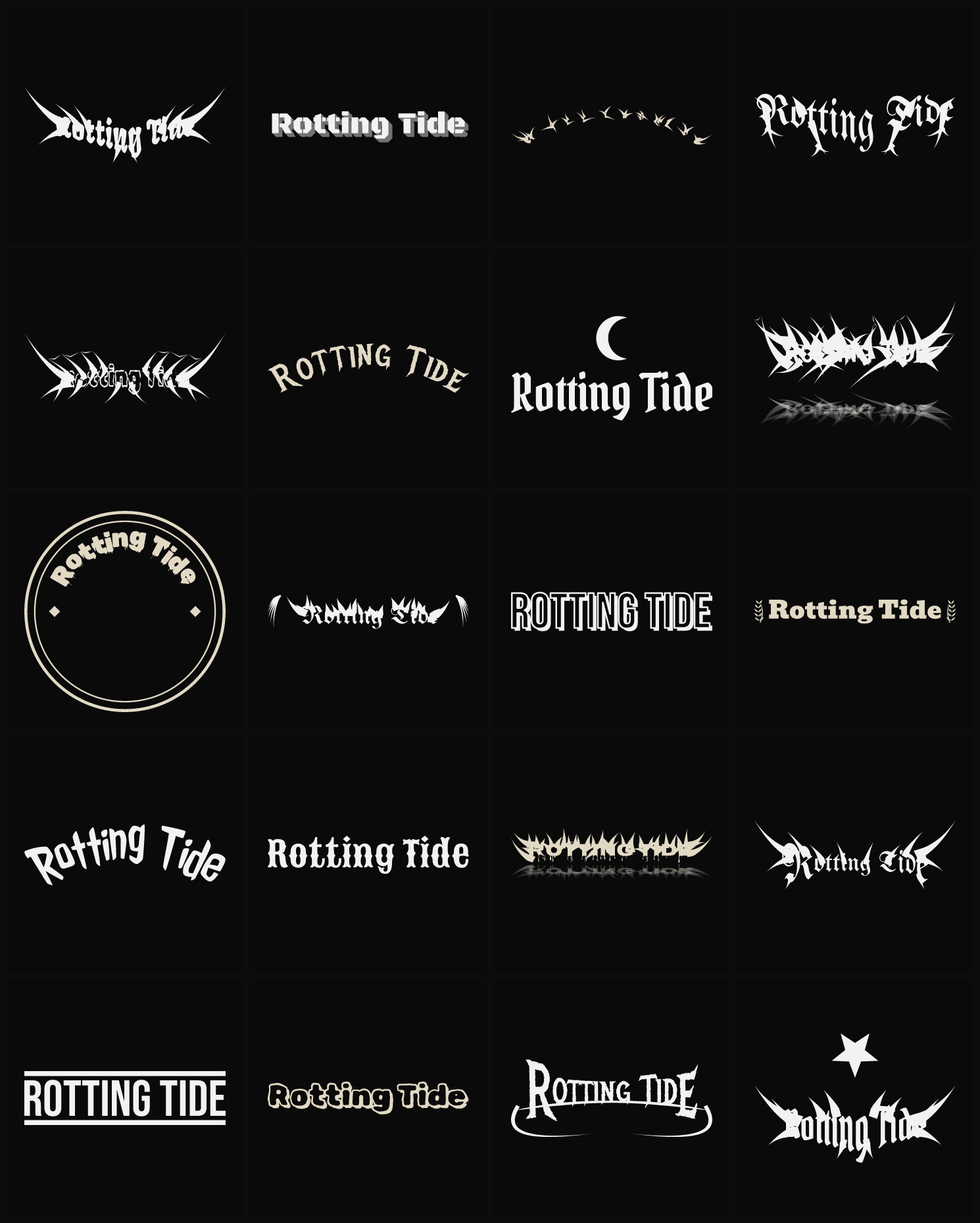 Twenty Rotting Tide band logo ideas — different faces, treatments and spike settings