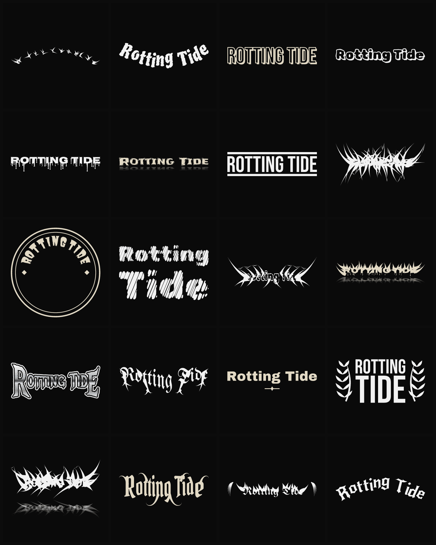 Twenty Rotting Tide band logo ideas — different faces, treatments and spike settings