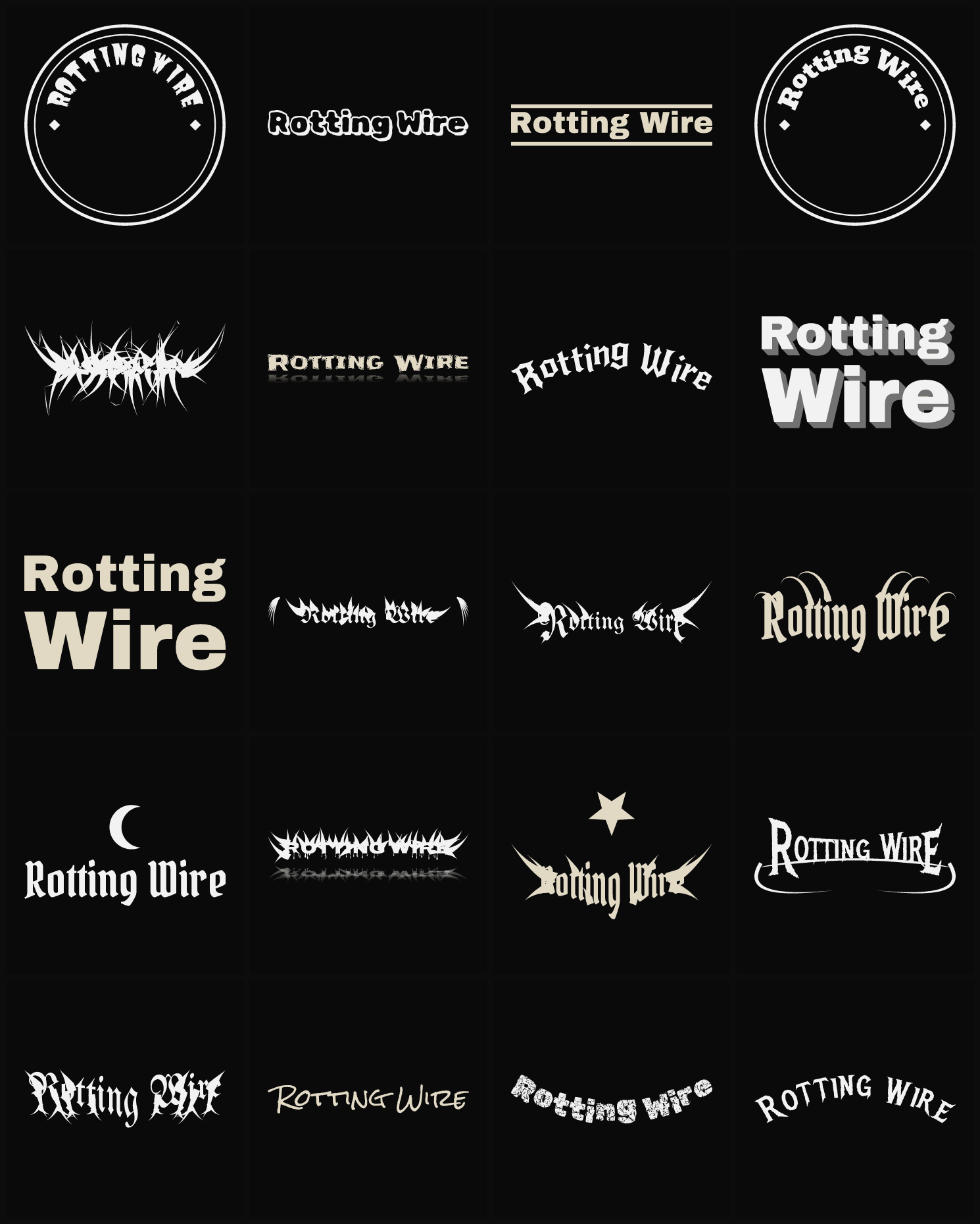 Twenty Rotting Wire band logo ideas — different faces, treatments and spike settings