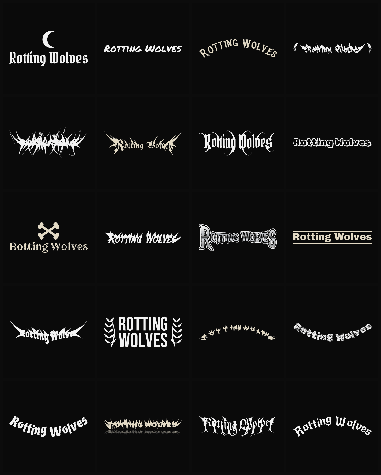 Twenty Rotting Wolves band logo ideas — different faces, treatments and spike settings