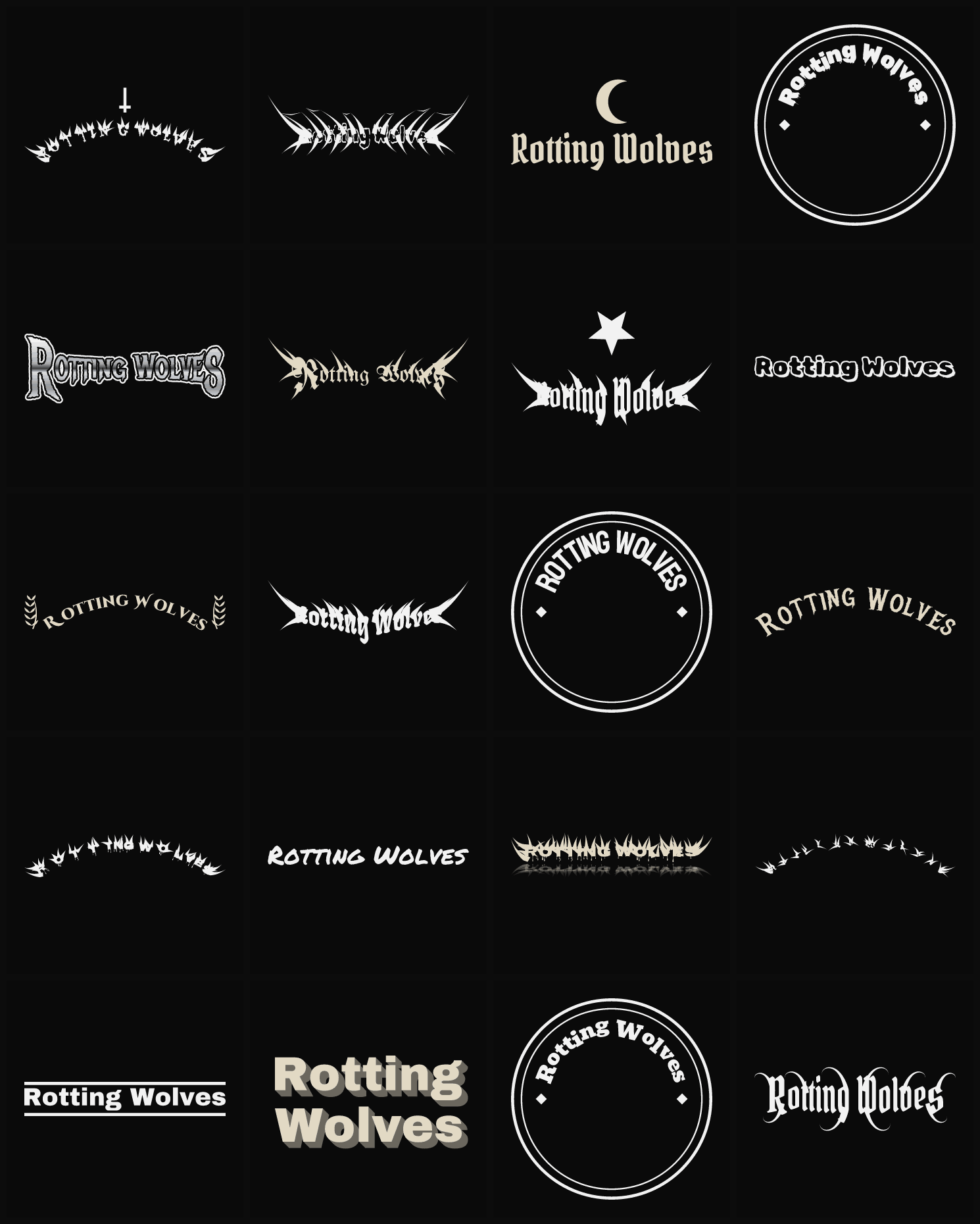 Twenty Rotting Wolves band logo ideas — different faces, treatments and spike settings