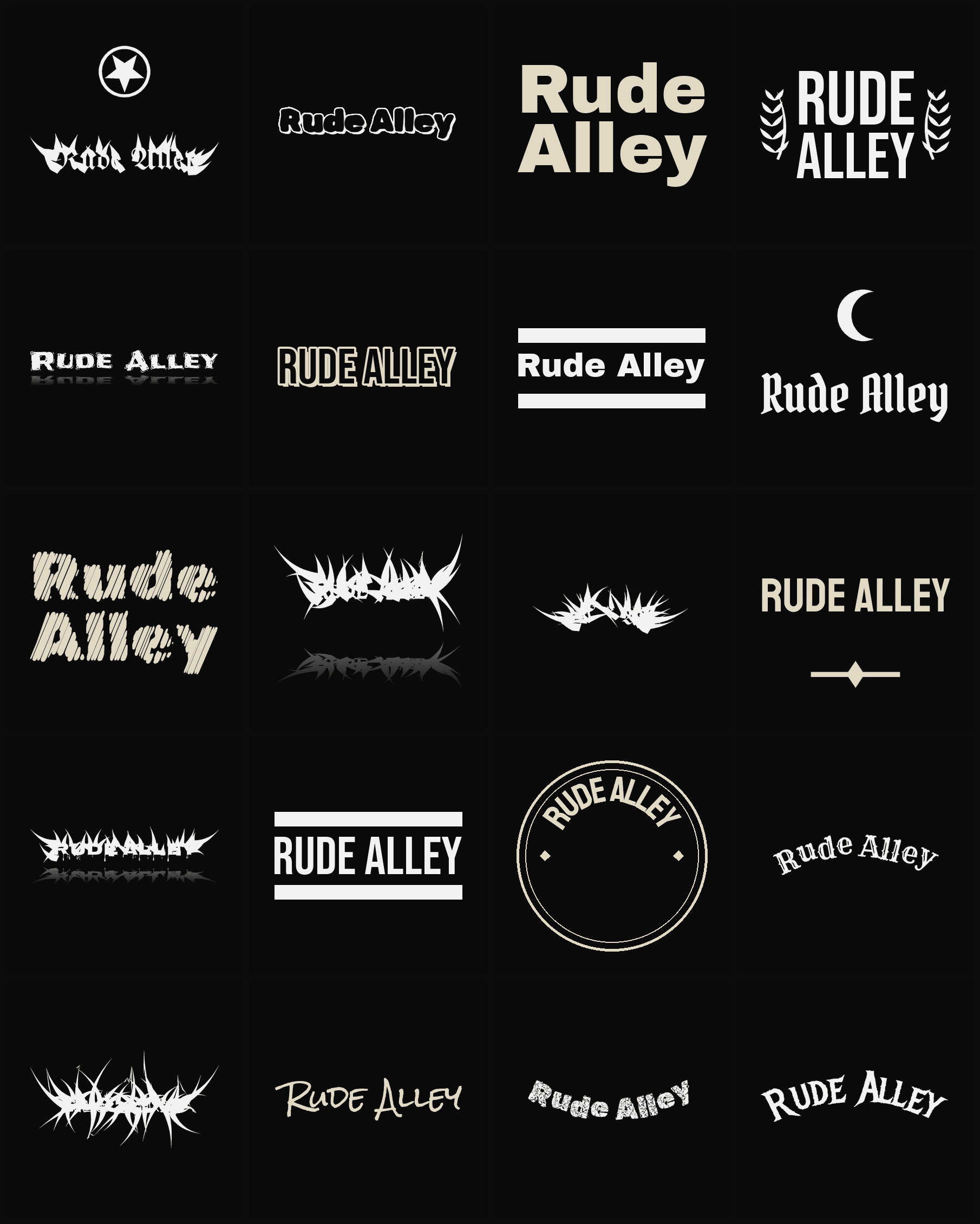 Twenty Rude Alley band logo ideas — different faces, treatments and spike settings