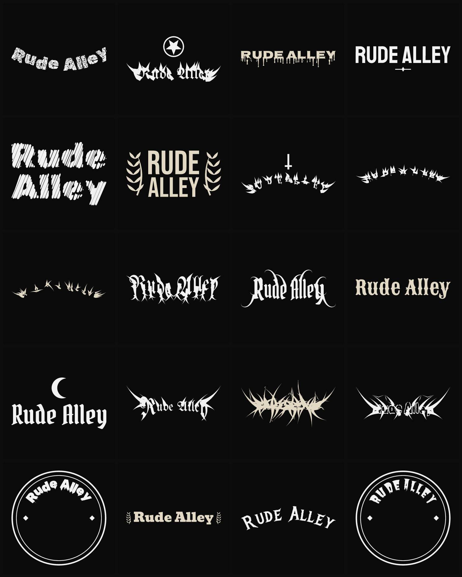 Twenty Rude Alley band logo ideas — different faces, treatments and spike settings