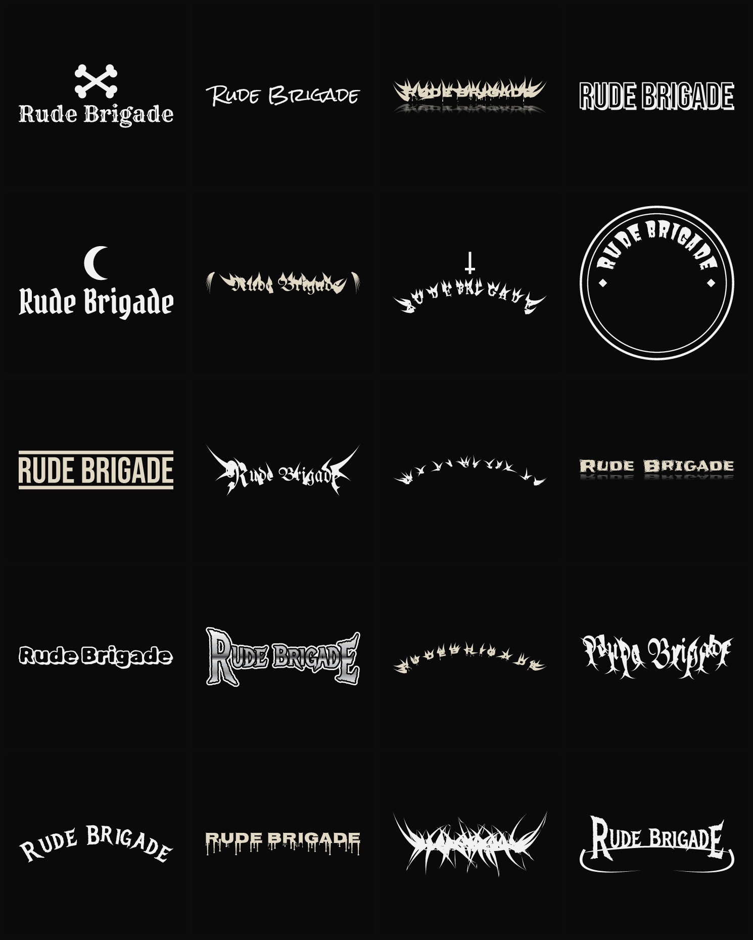 Twenty Rude Brigade band logo ideas — different faces, treatments and spike settings