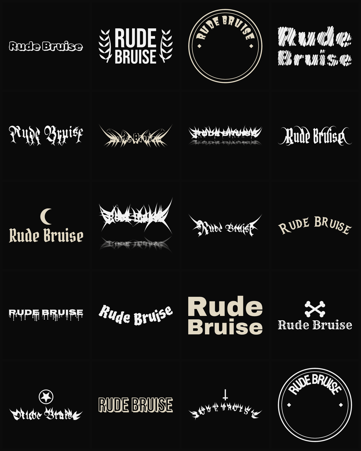 Twenty Rude Bruise band logo ideas — different faces, treatments and spike settings