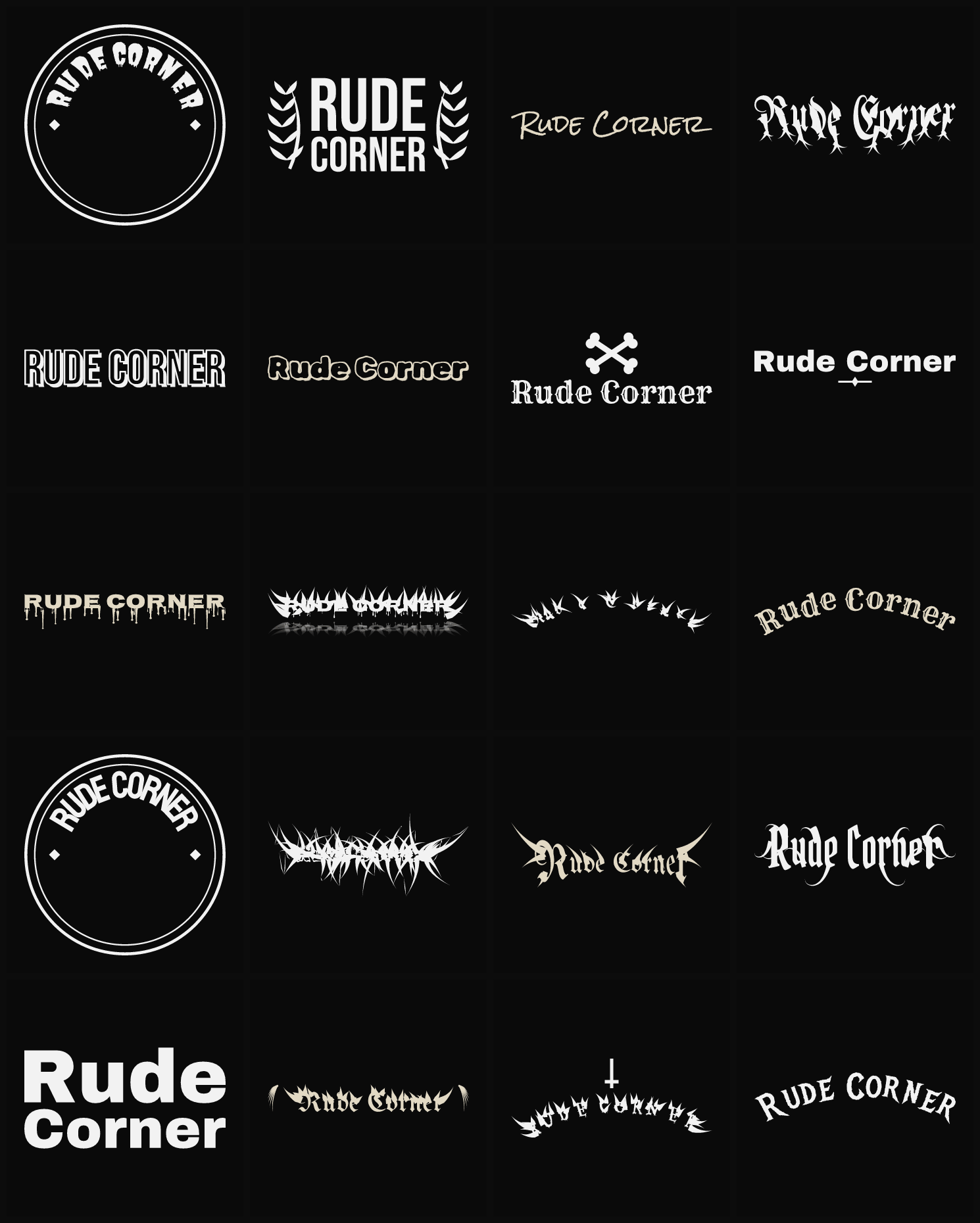 Twenty Rude Corner band logo ideas — different faces, treatments and spike settings