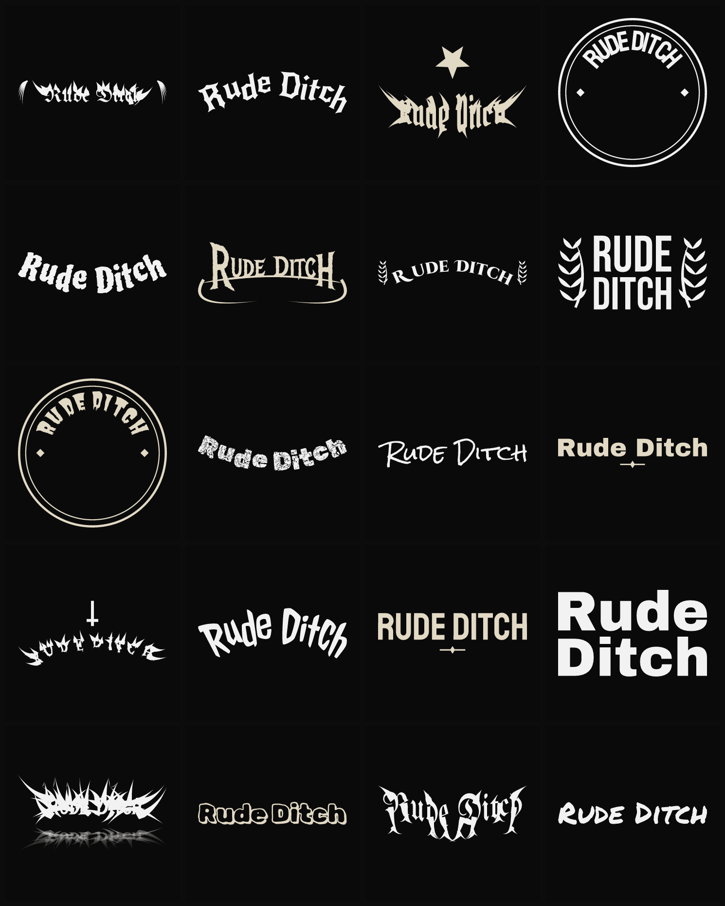 Twenty Rude Ditch band logo ideas — different faces, treatments and spike settings