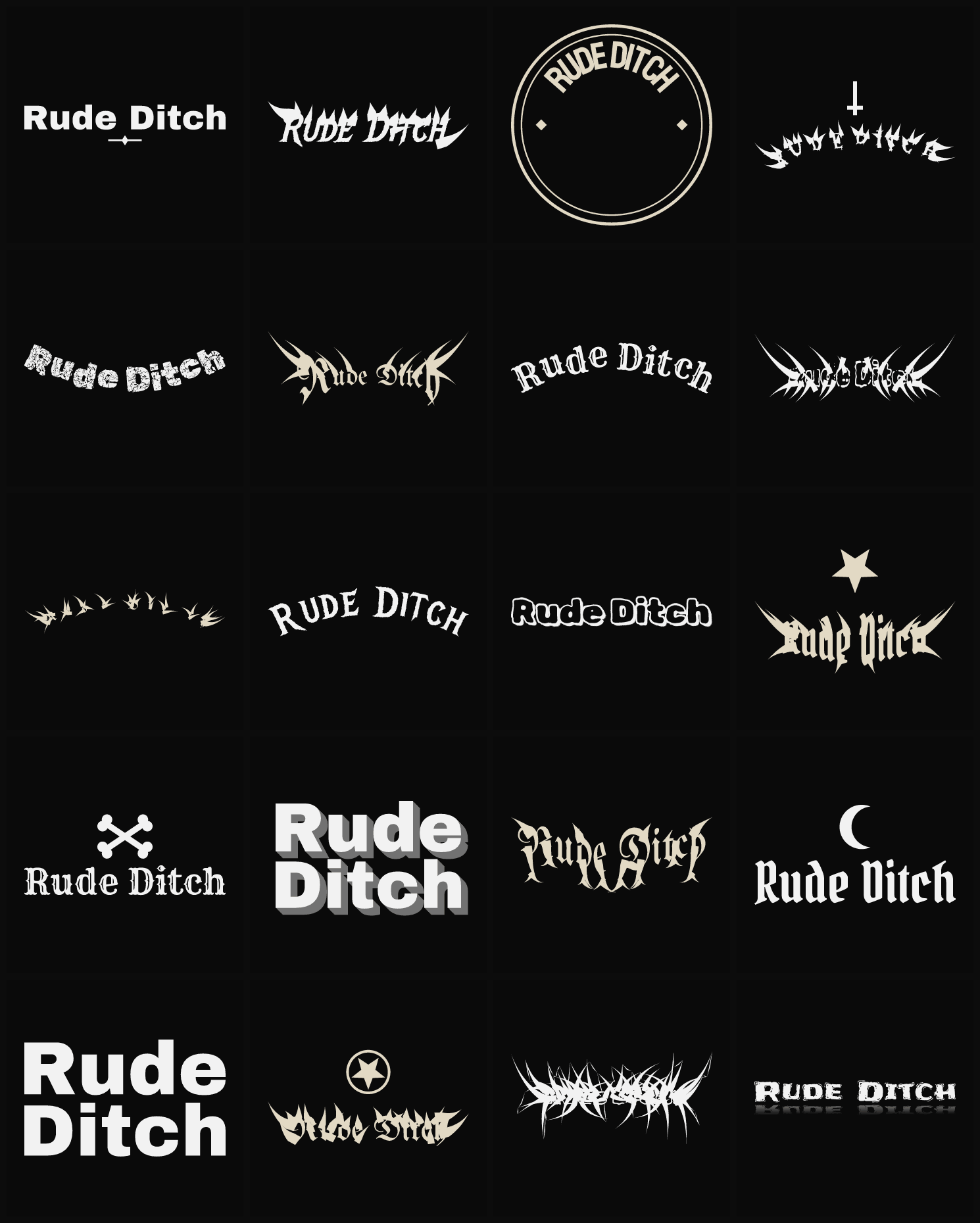 Twenty Rude Ditch band logo ideas — different faces, treatments and spike settings