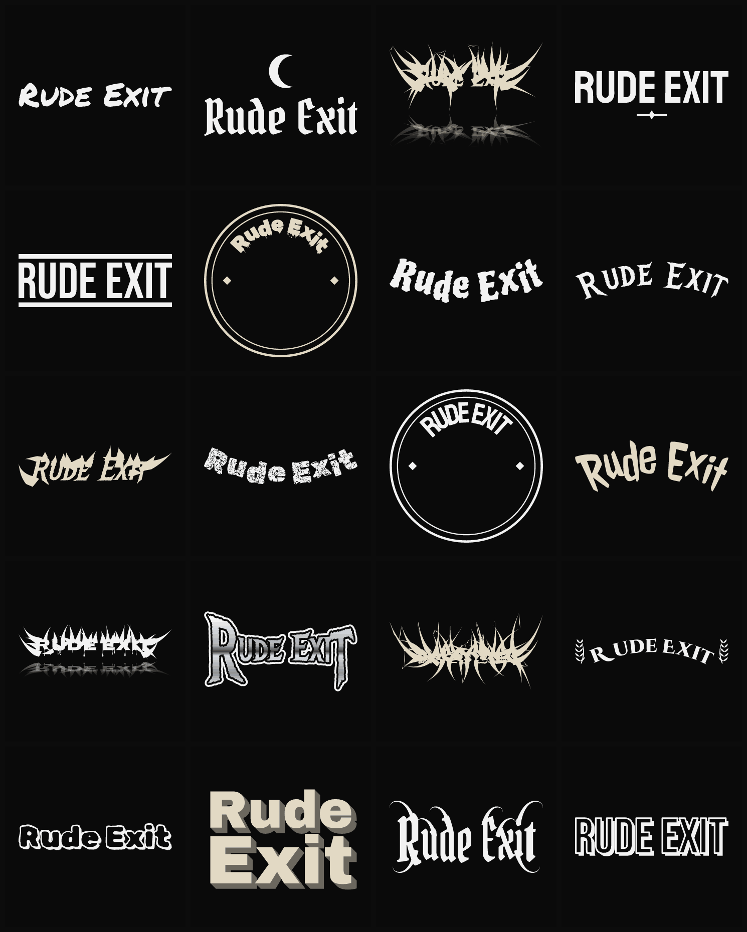 Twenty Rude Exit band logo ideas — different faces, treatments and spike settings