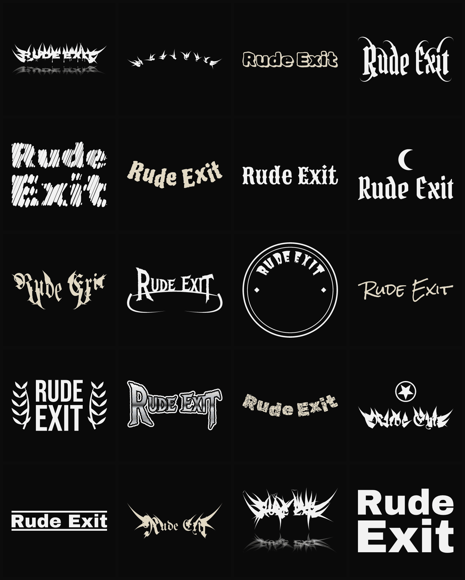 Twenty Rude Exit band logo ideas — different faces, treatments and spike settings