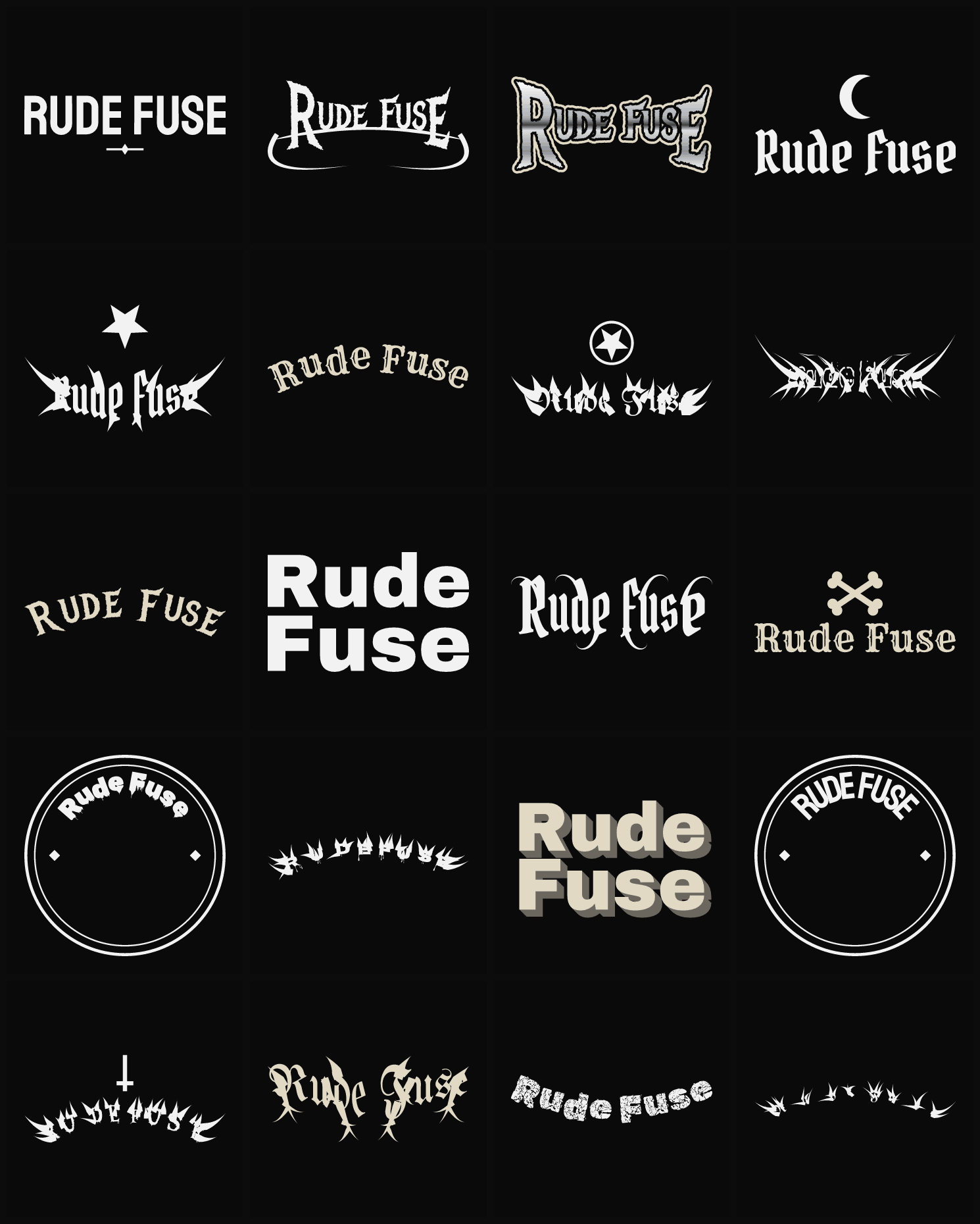Twenty Rude Fuse band logo ideas — different faces, treatments and spike settings