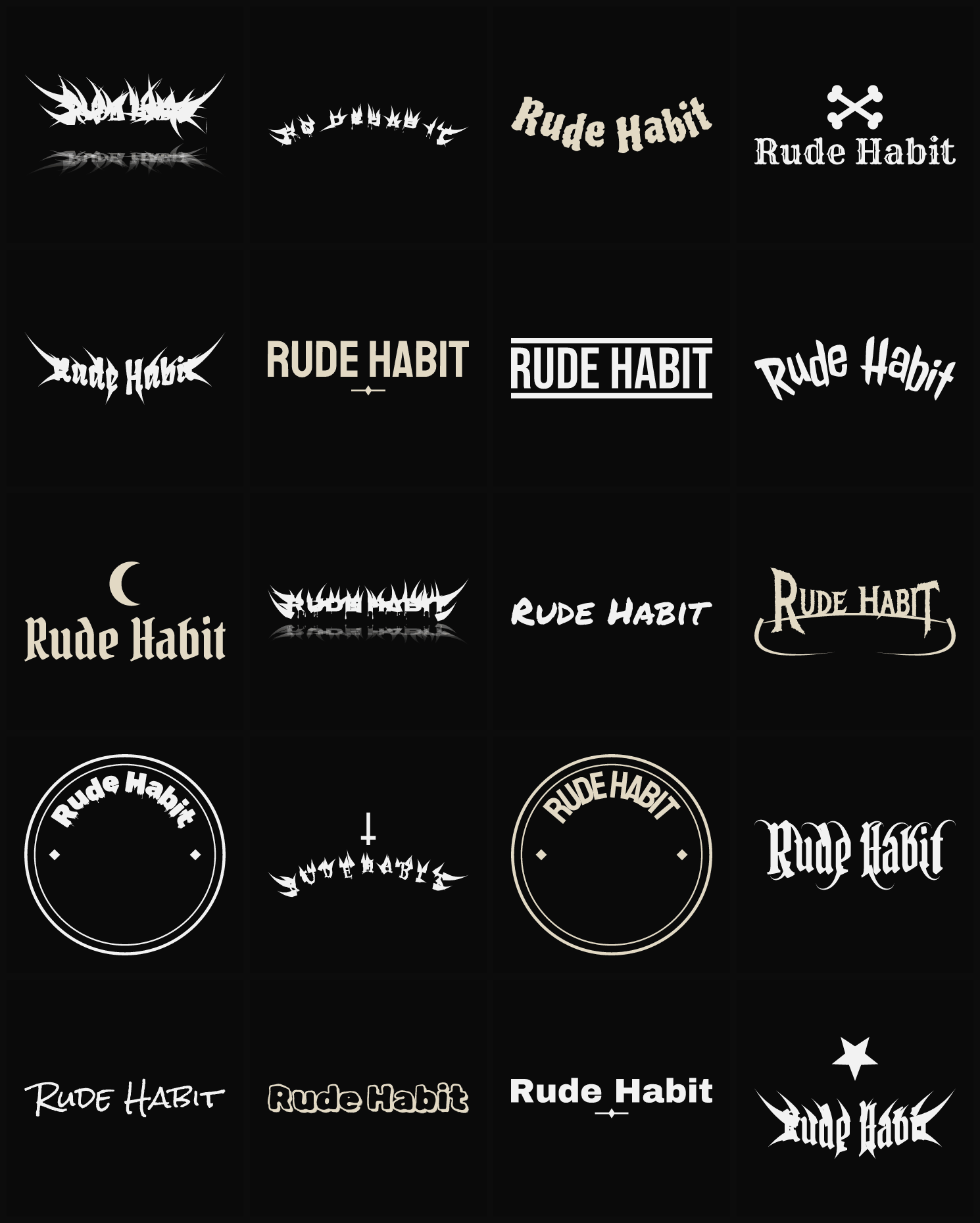 Twenty Rude Habit band logo ideas — different faces, treatments and spike settings