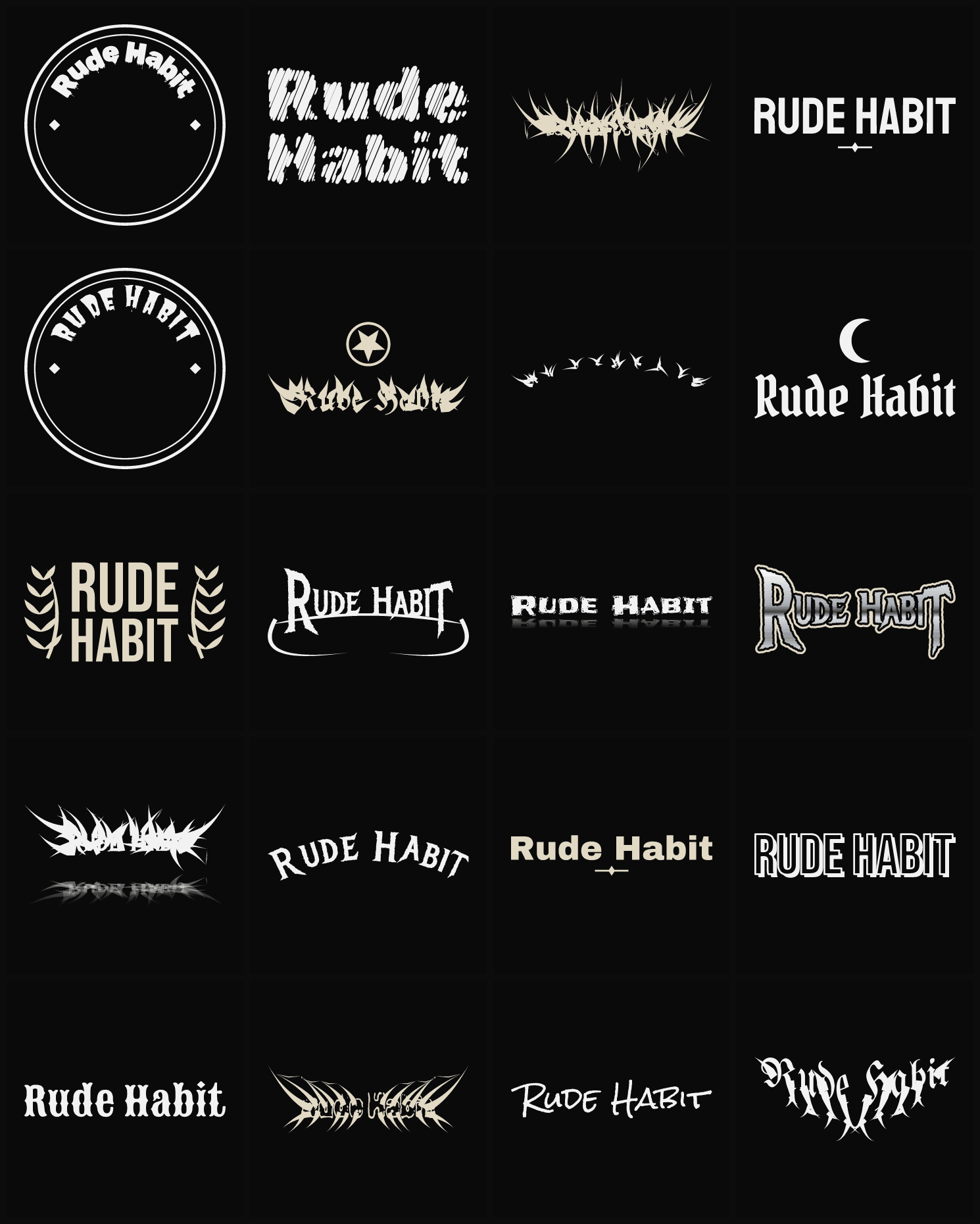 Twenty Rude Habit band logo ideas — different faces, treatments and spike settings