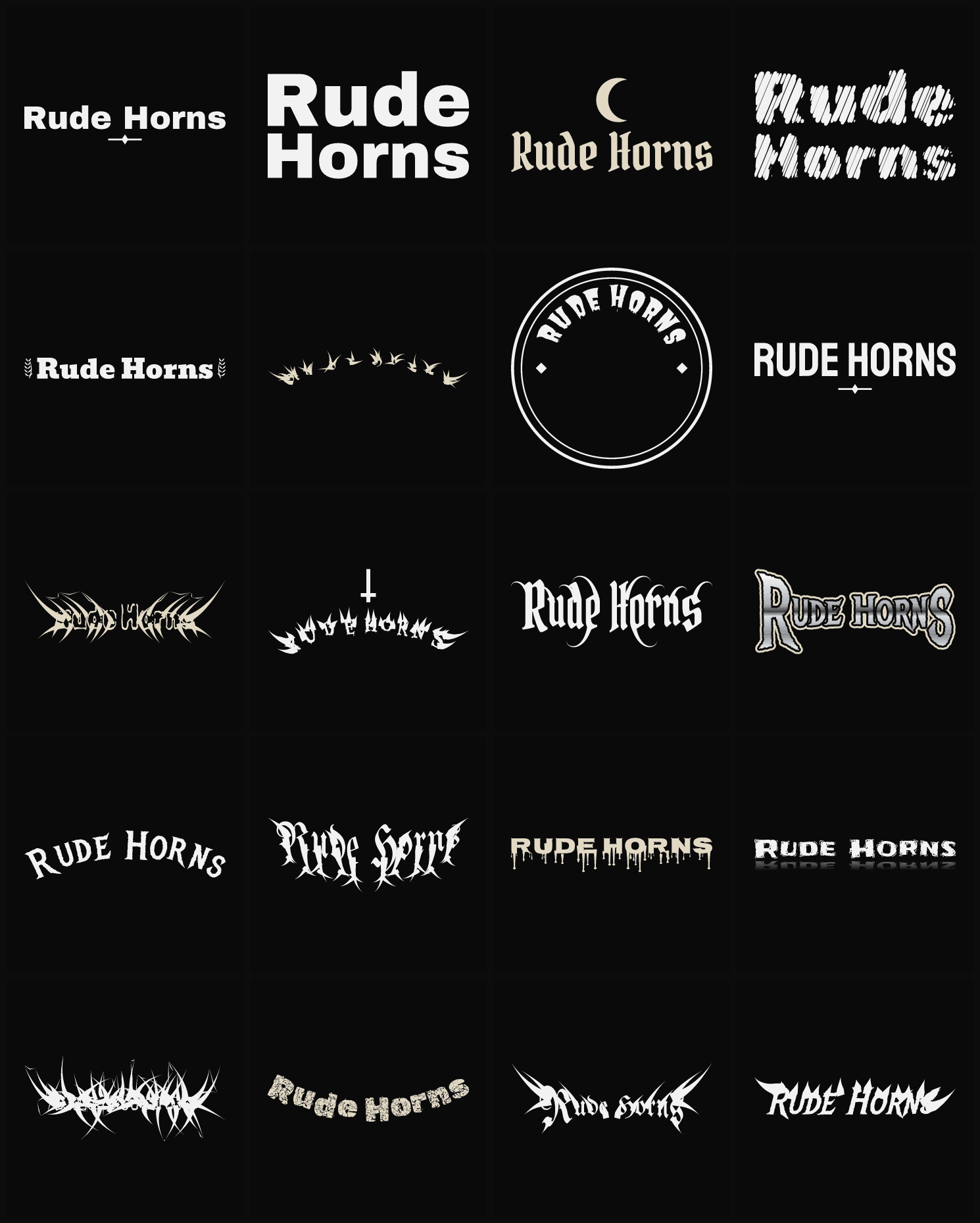 Twenty Rude Horns band logo ideas — different faces, treatments and spike settings