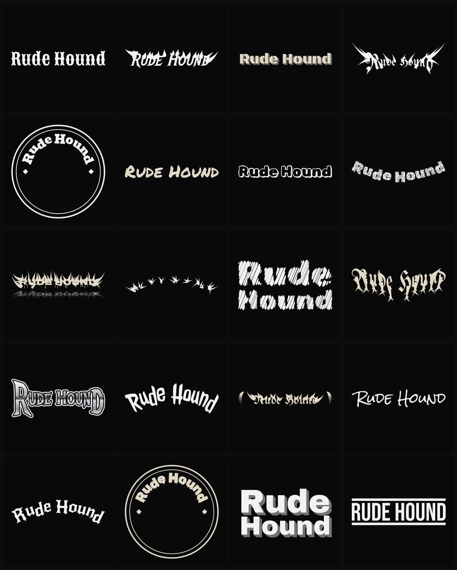Twenty Rude Hound band logo ideas — different faces, treatments and spike settings