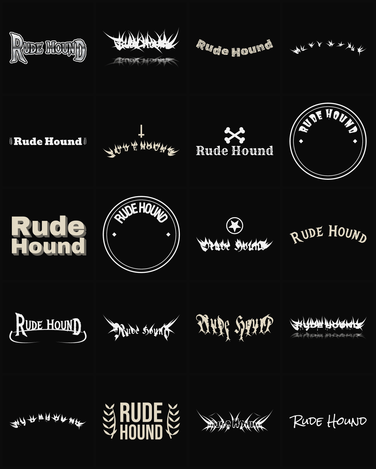 Twenty Rude Hound band logo ideas — different faces, treatments and spike settings