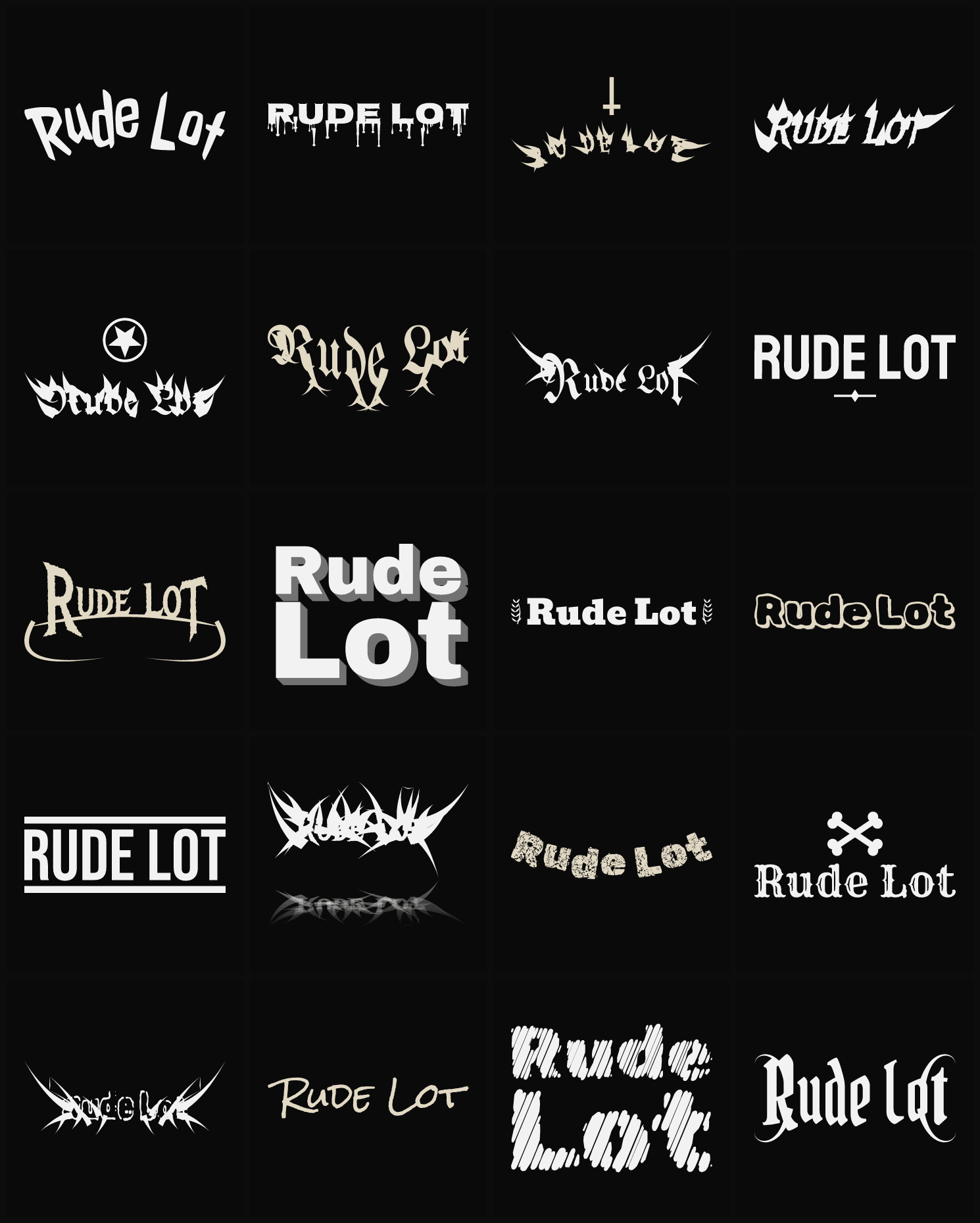 Twenty Rude Lot band logo ideas — different faces, treatments and spike settings