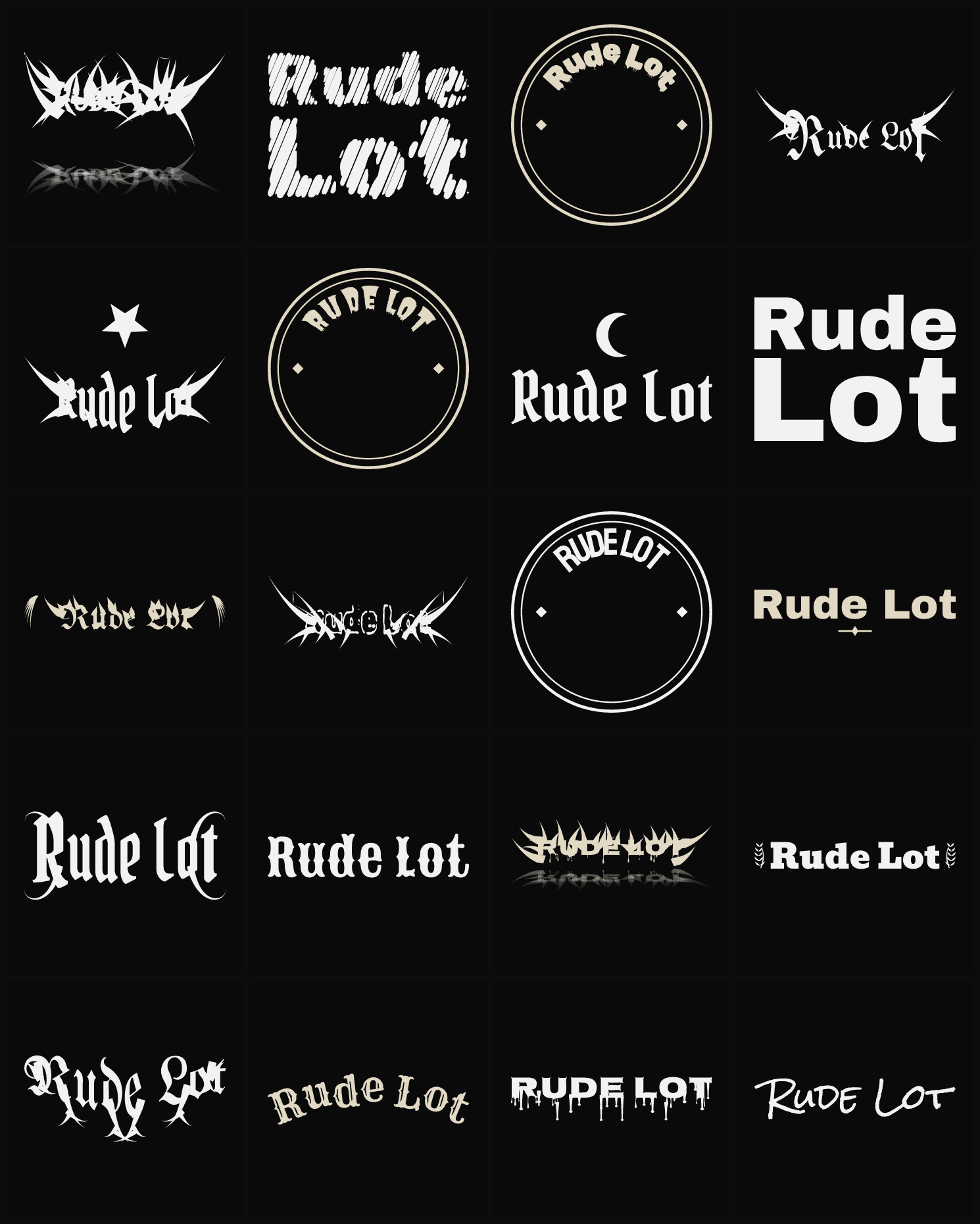 Twenty Rude Lot band logo ideas — different faces, treatments and spike settings