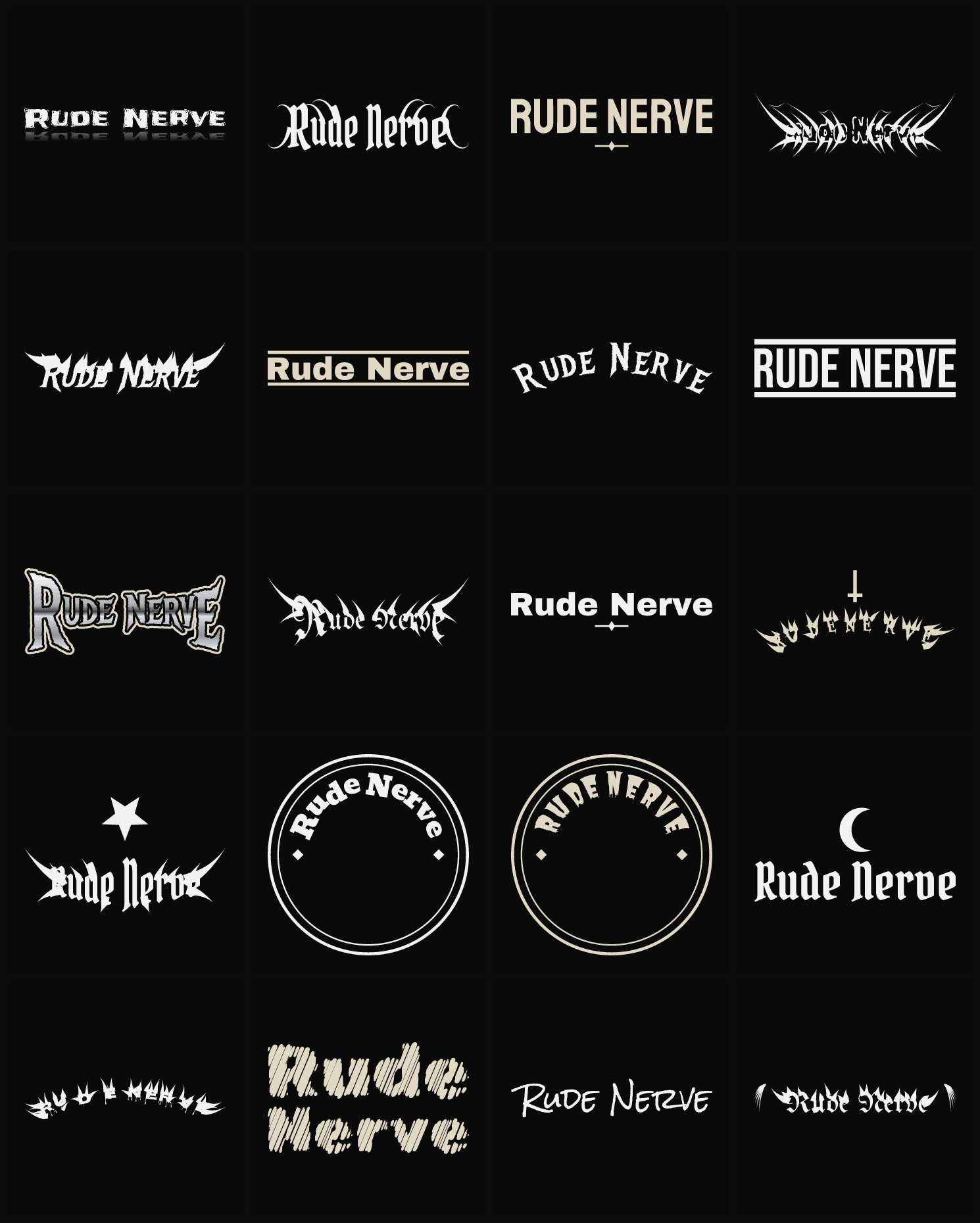 Twenty Rude Nerve band logo ideas — different faces, treatments and spike settings