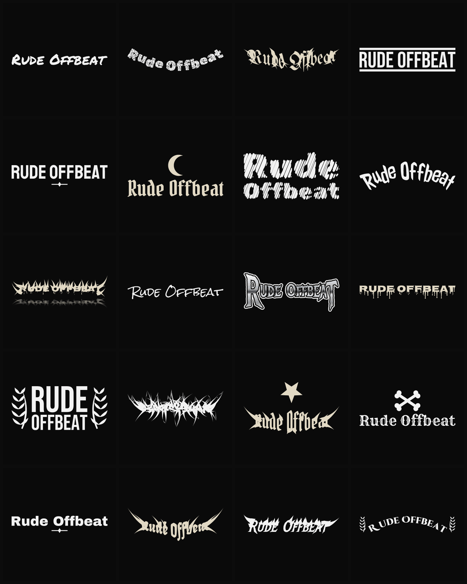 Twenty Rude Offbeat band logo ideas — different faces, treatments and spike settings