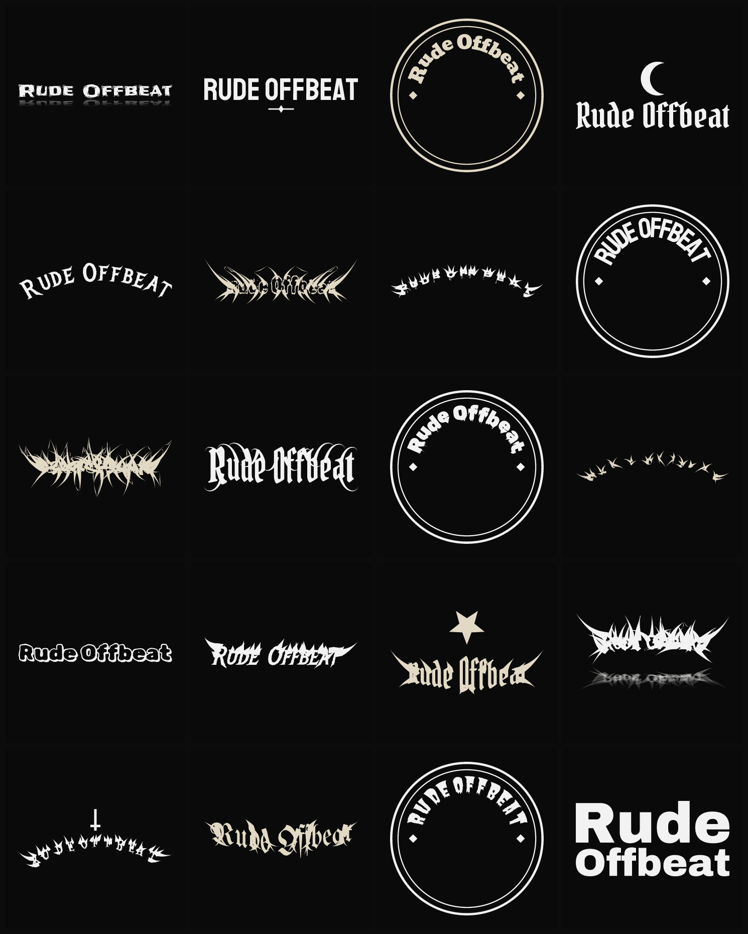 Twenty Rude Offbeat band logo ideas — different faces, treatments and spike settings