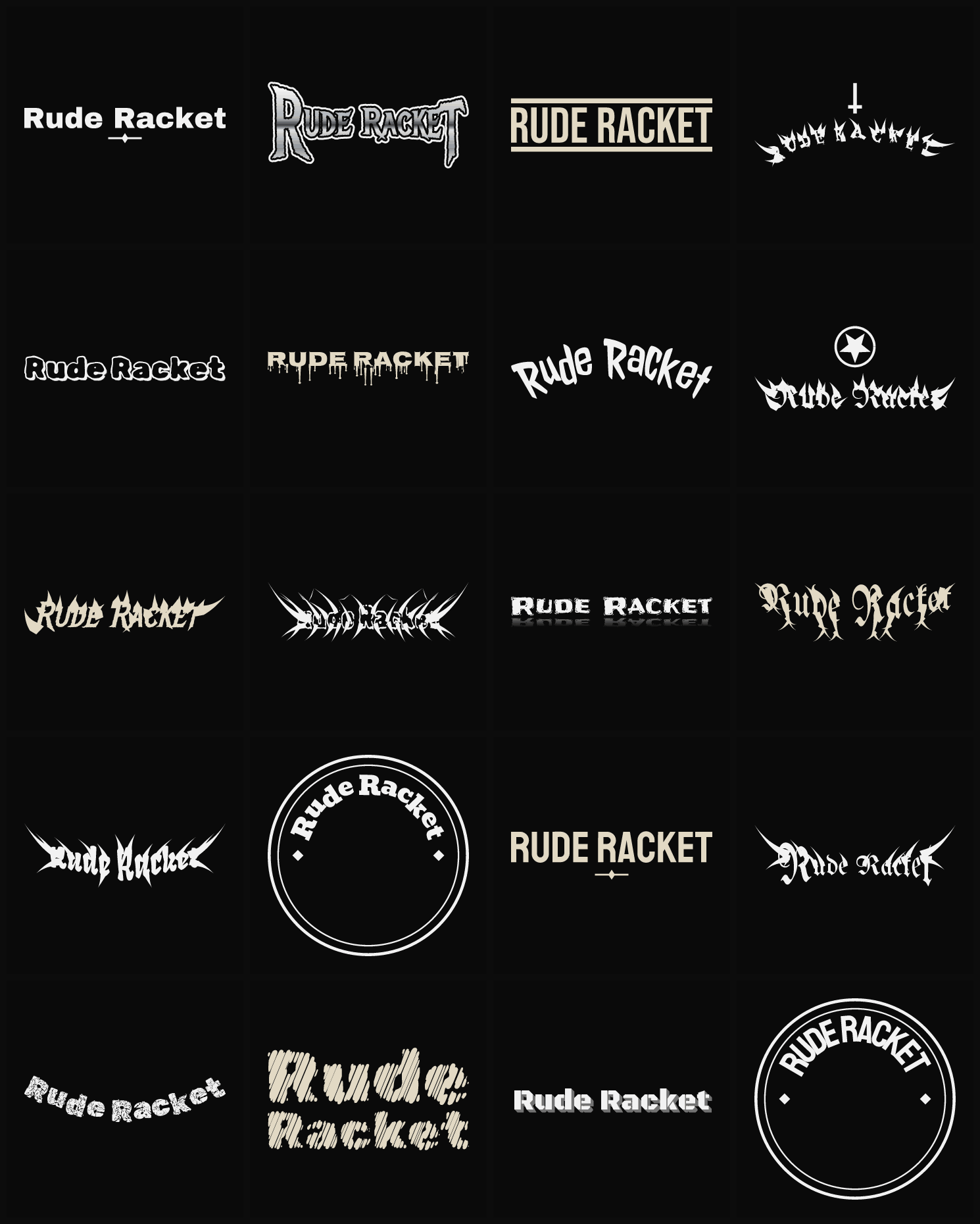 Twenty Rude Racket band logo ideas — different faces, treatments and spike settings