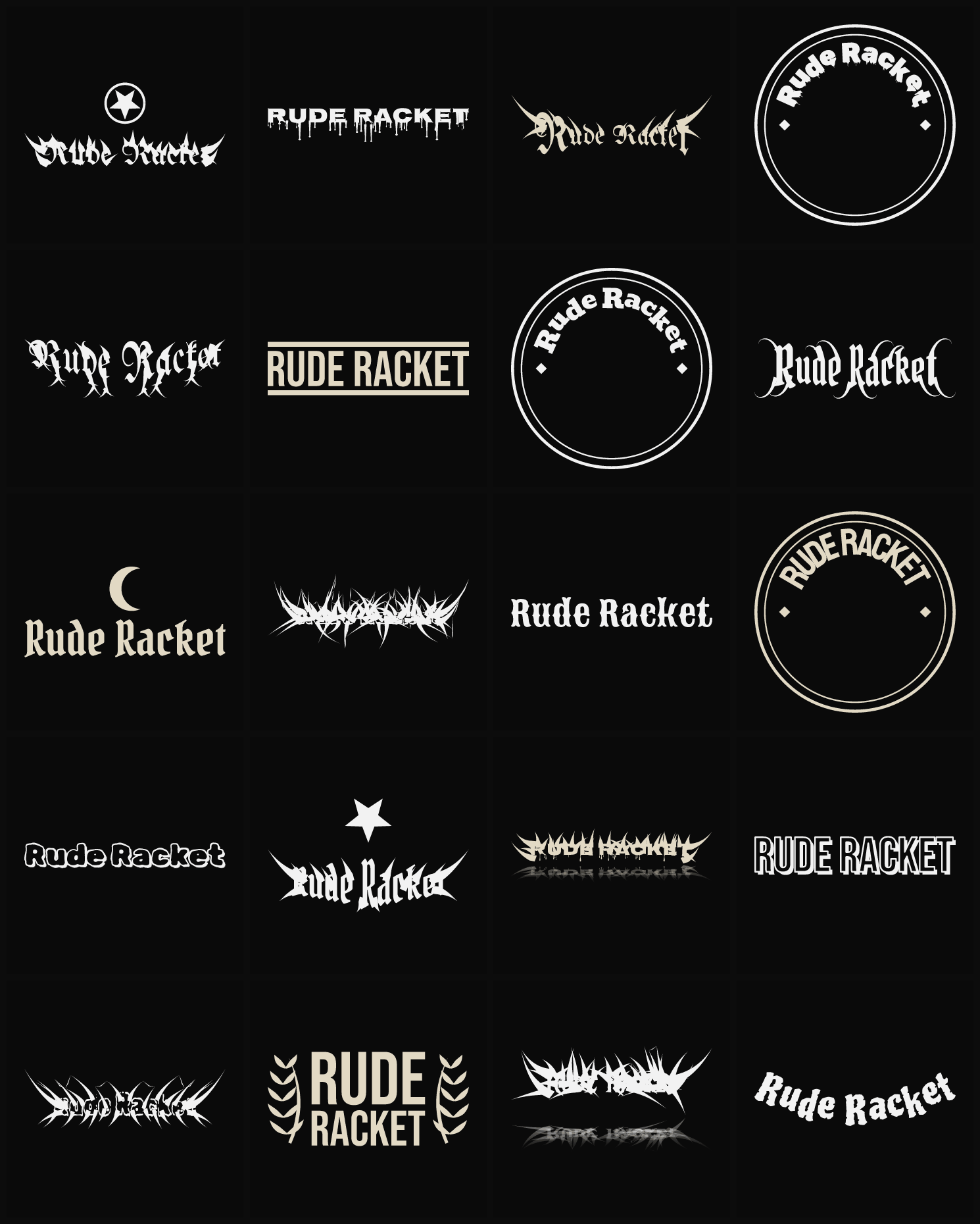 Twenty Rude Racket band logo ideas — different faces, treatments and spike settings