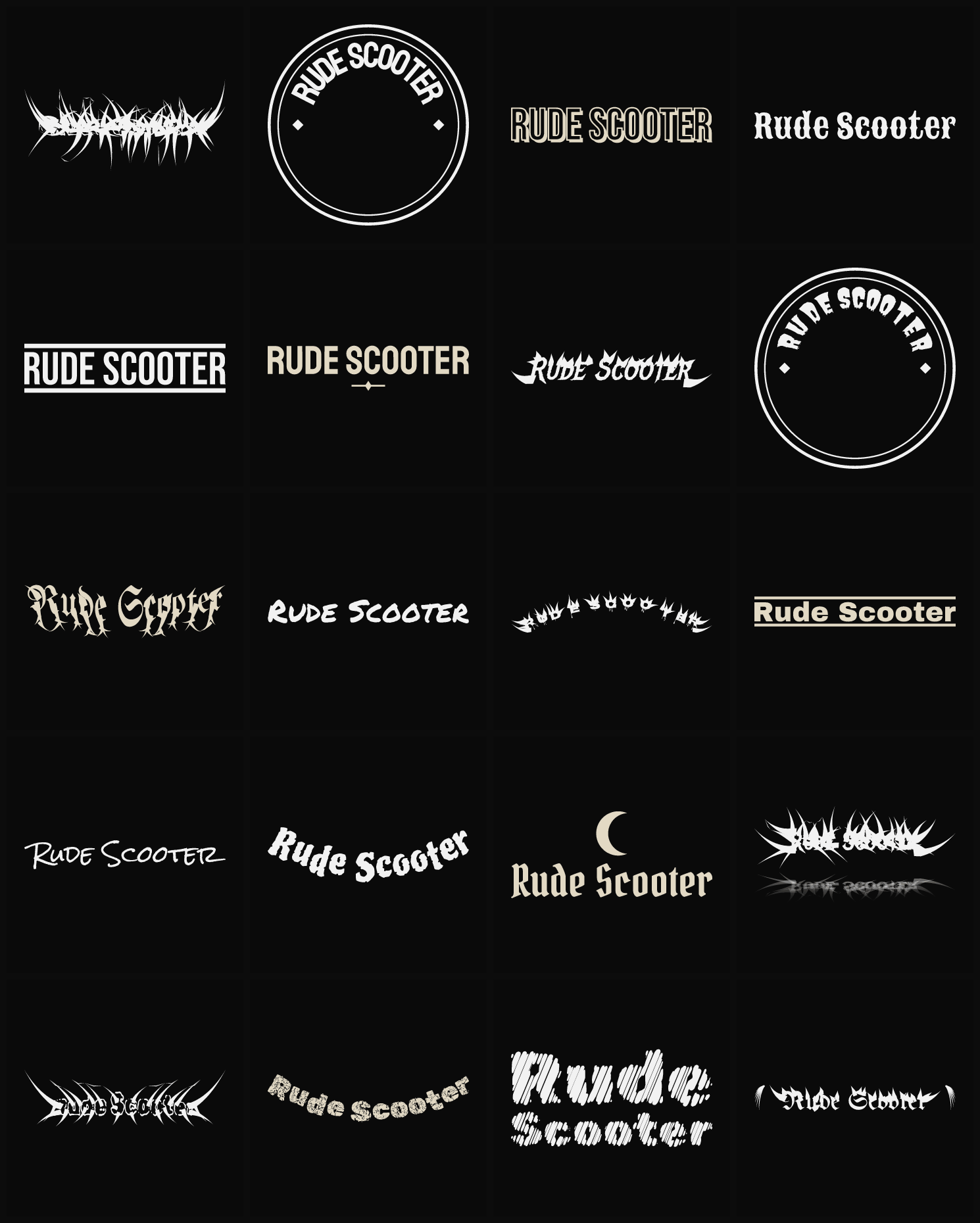 Twenty Rude Scooter band logo ideas — different faces, treatments and spike settings