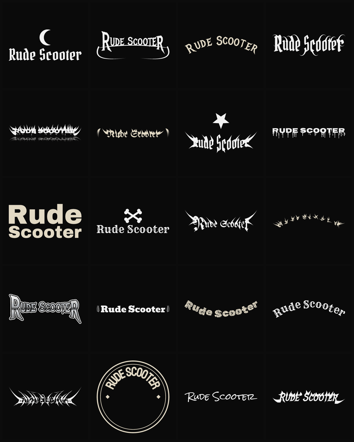Twenty Rude Scooter band logo ideas — different faces, treatments and spike settings