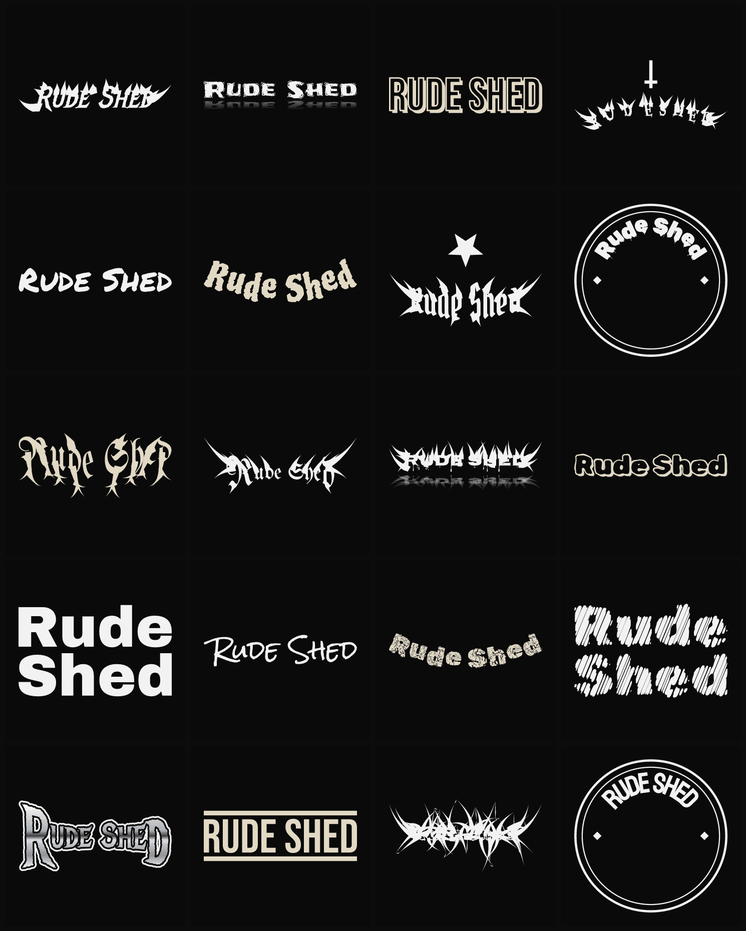 Twenty Rude Shed band logo ideas — different faces, treatments and spike settings