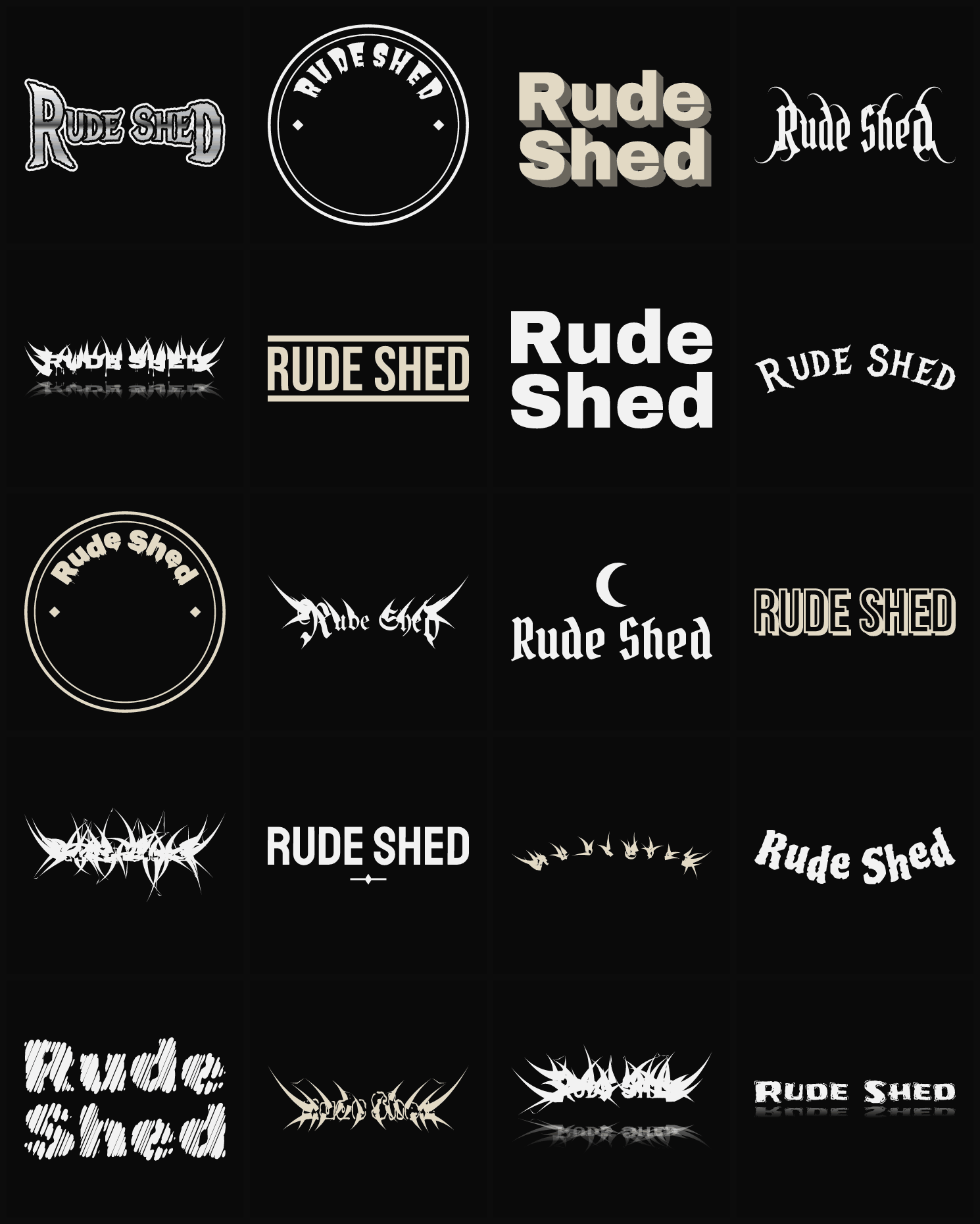 Twenty Rude Shed band logo ideas — different faces, treatments and spike settings