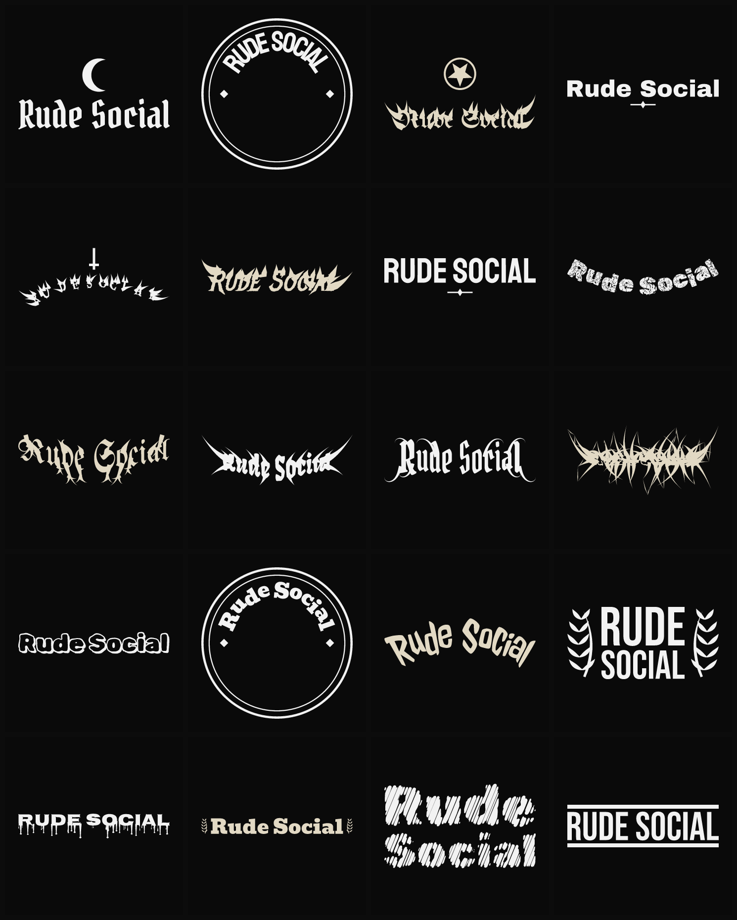 Twenty Rude Social band logo ideas — different faces, treatments and spike settings
