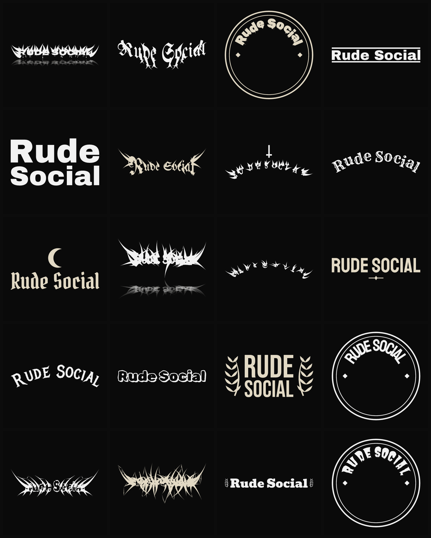 Twenty Rude Social band logo ideas — different faces, treatments and spike settings