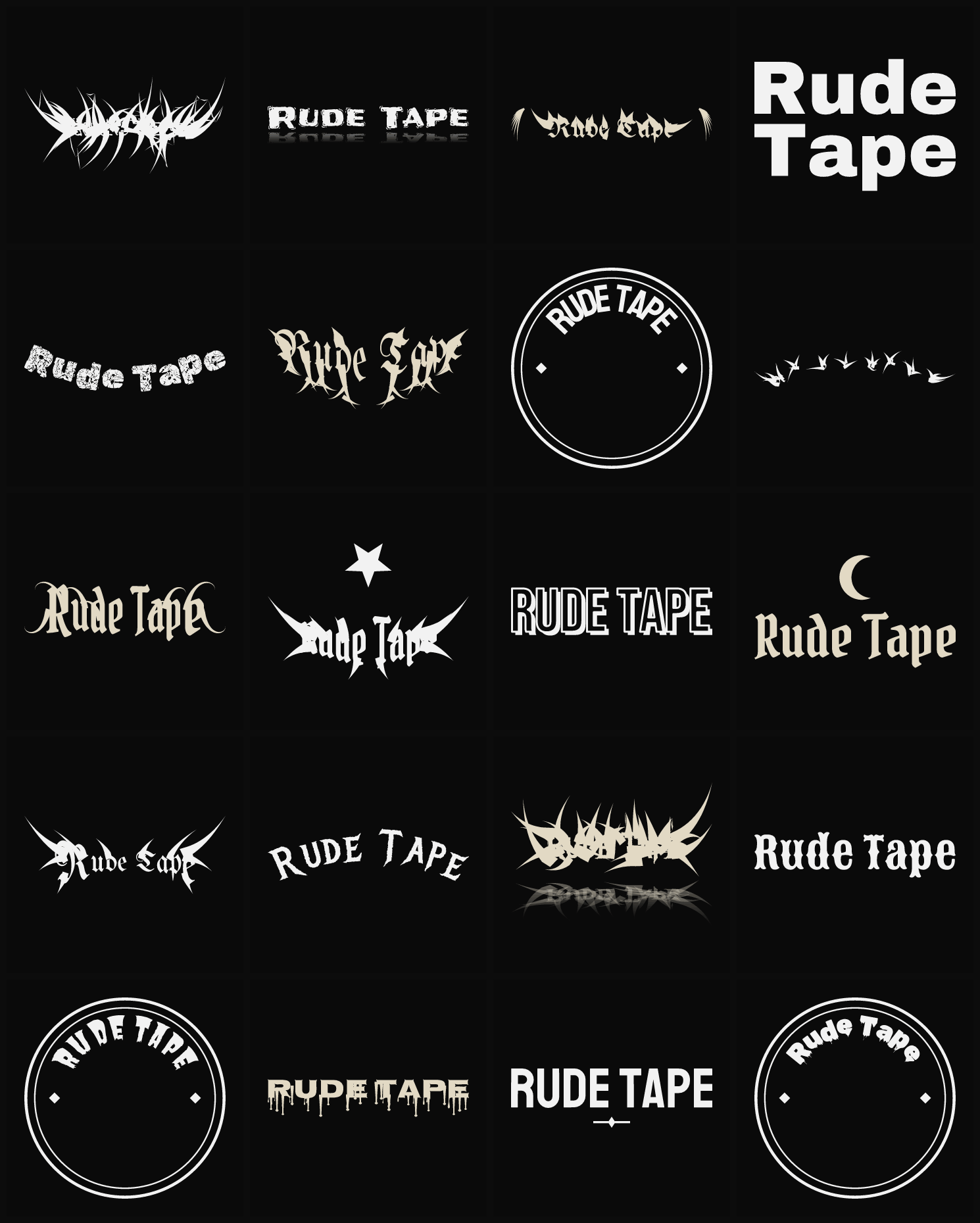 Twenty Rude Tape band logo ideas — different faces, treatments and spike settings