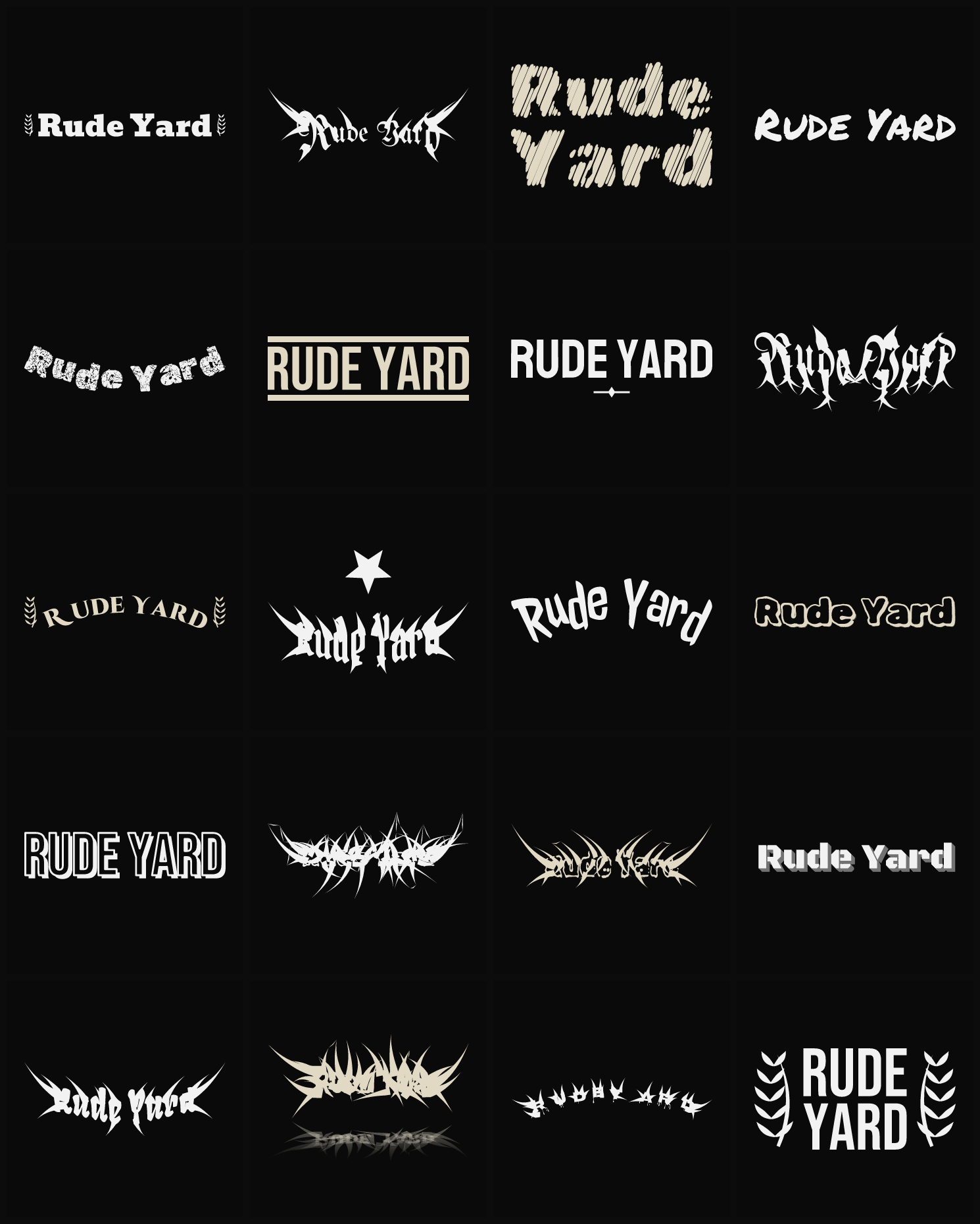 Twenty Rude Yard band logo ideas — different faces, treatments and spike settings
