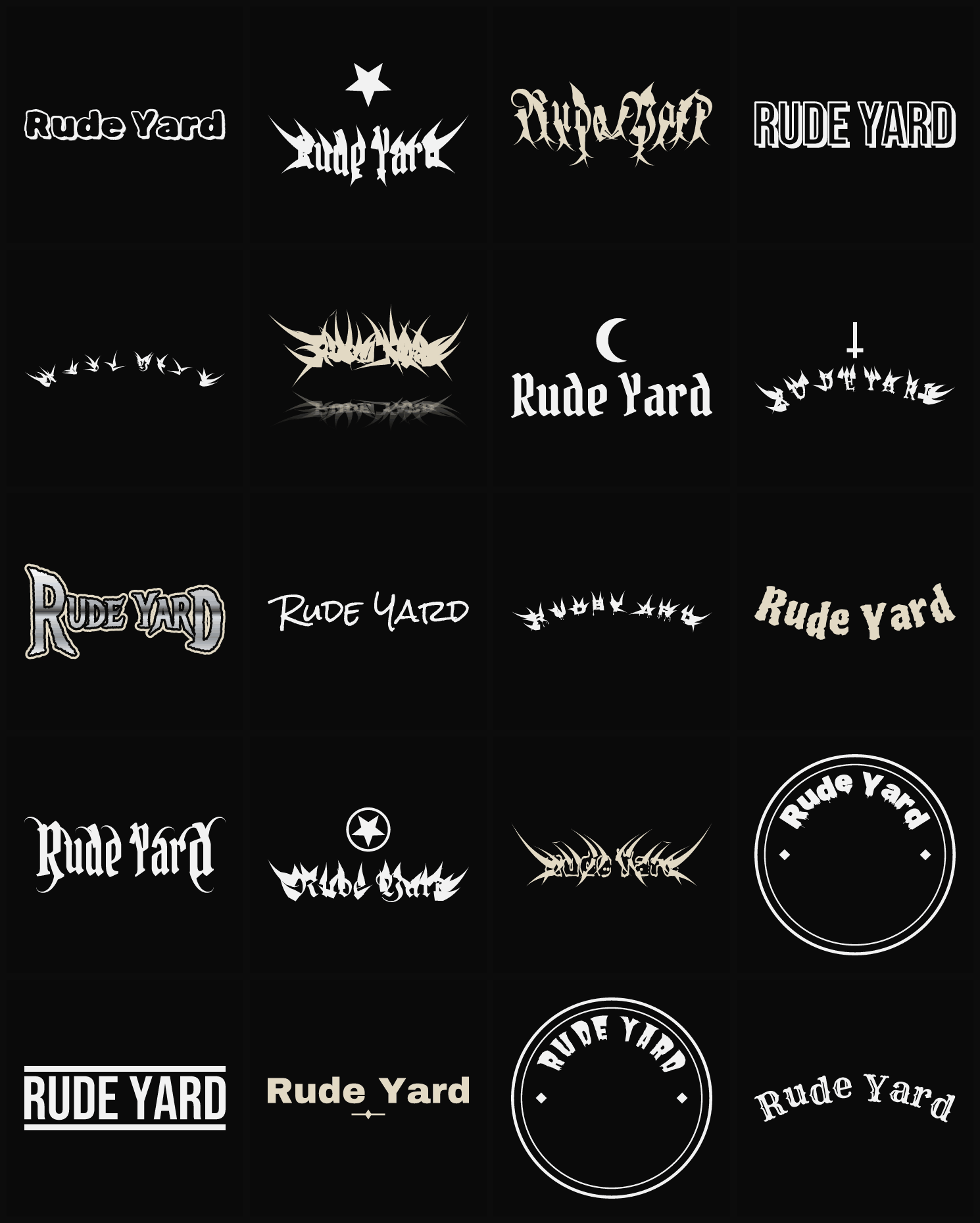 Twenty Rude Yard band logo ideas — different faces, treatments and spike settings