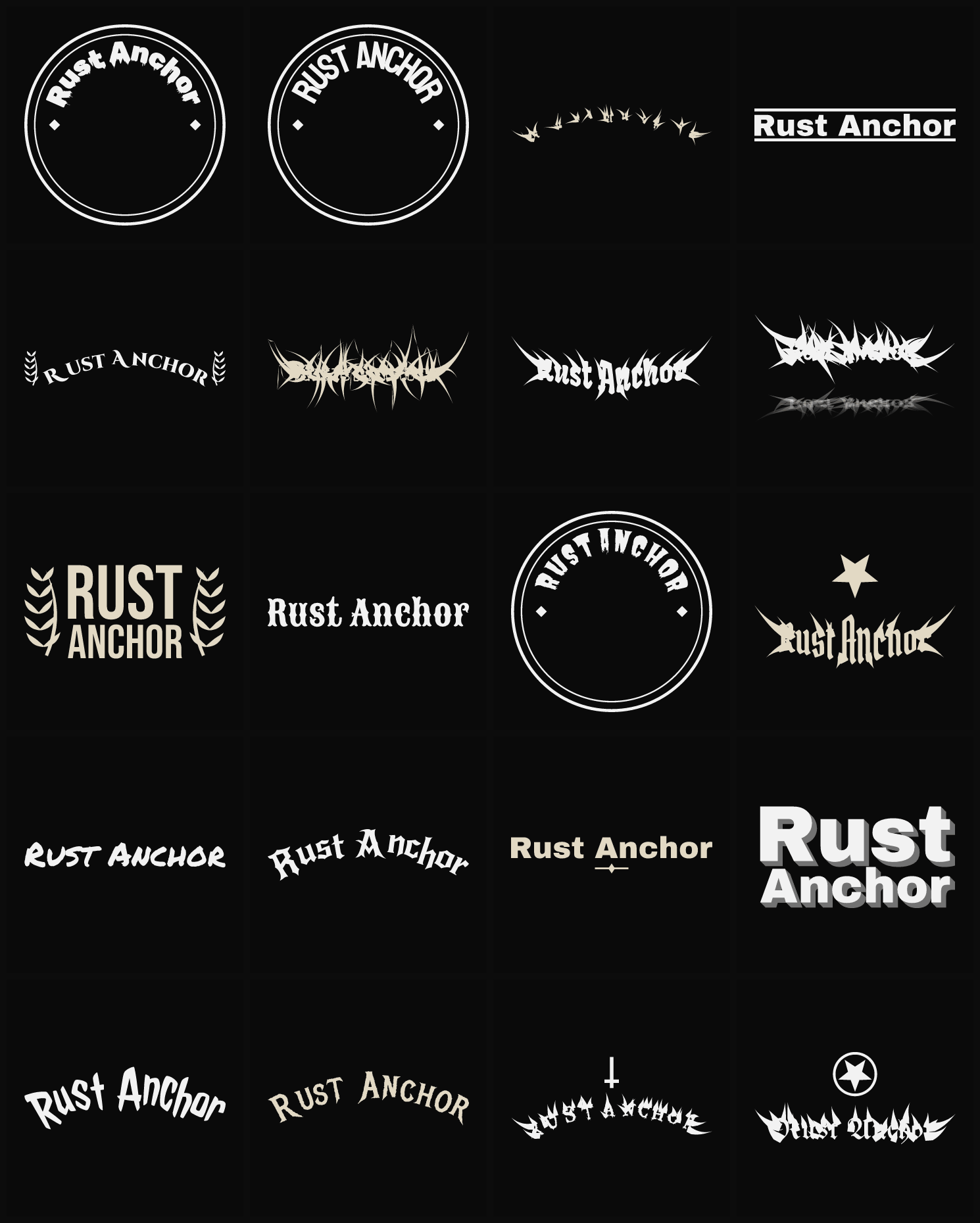 Twenty Rust Anchor band logo ideas — different faces, treatments and spike settings