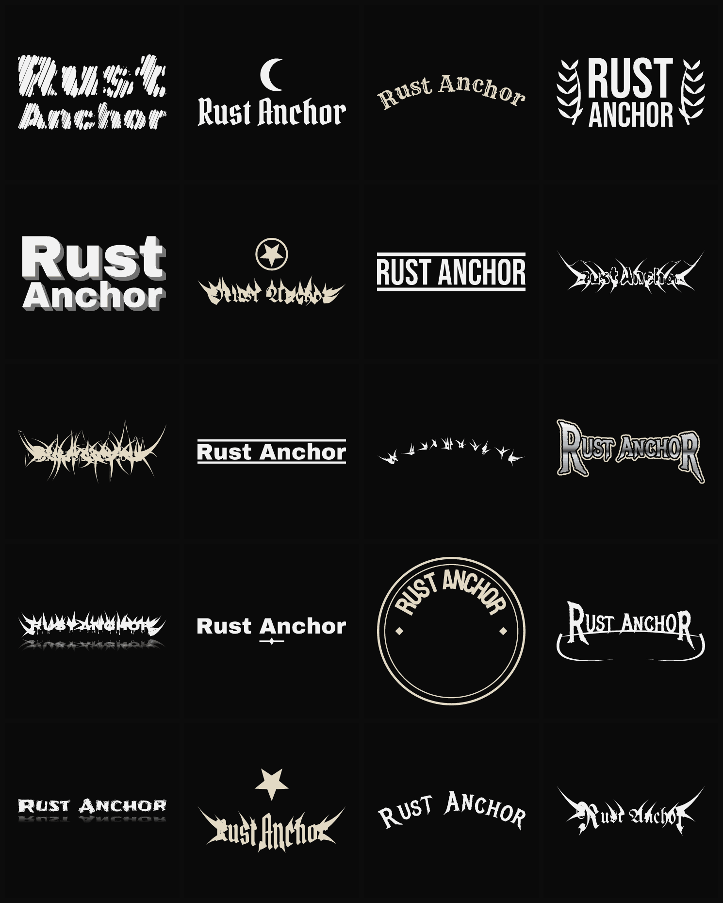 Twenty Rust Anchor band logo ideas — different faces, treatments and spike settings