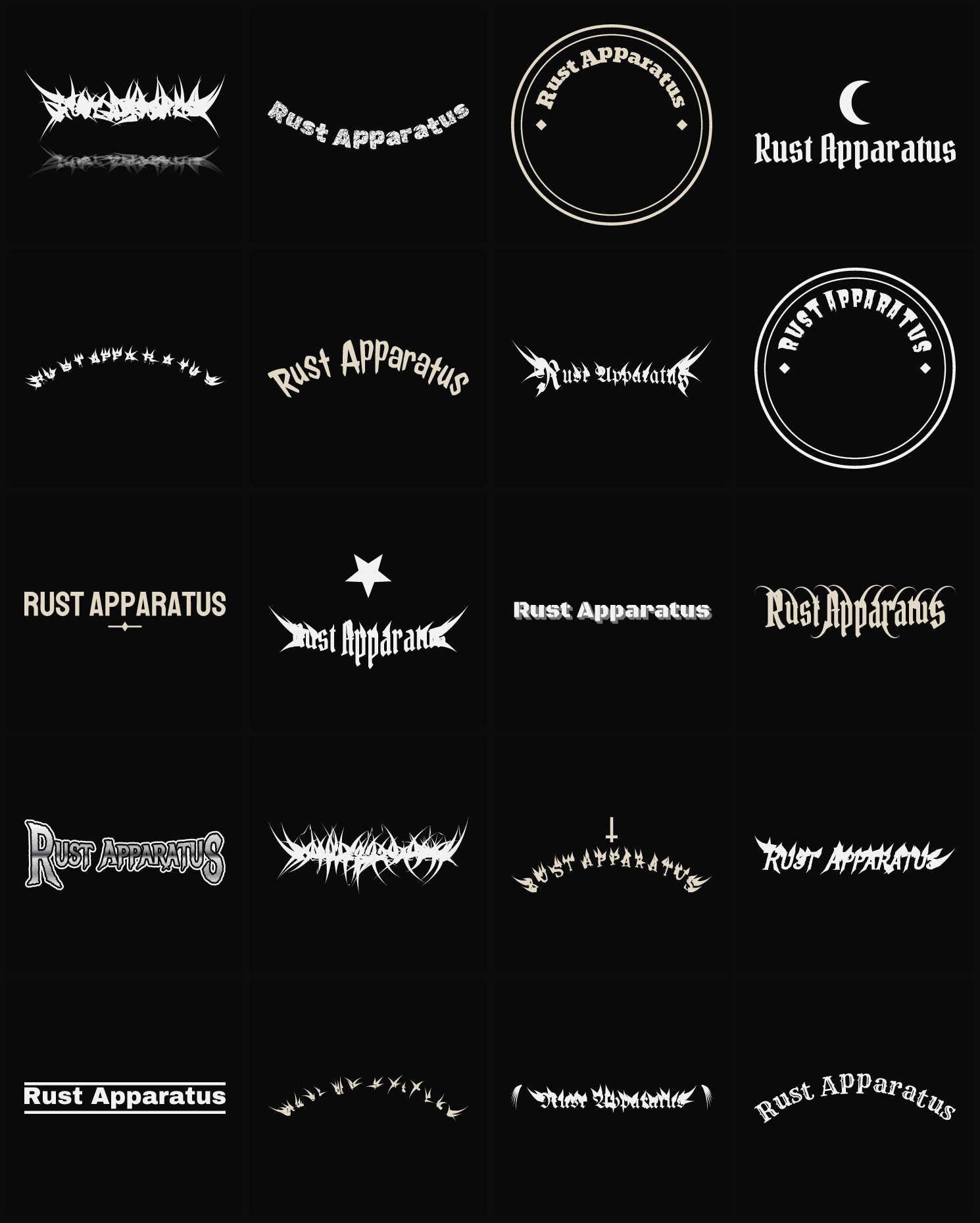 Twenty Rust Apparatus band logo ideas — different faces, treatments and spike settings