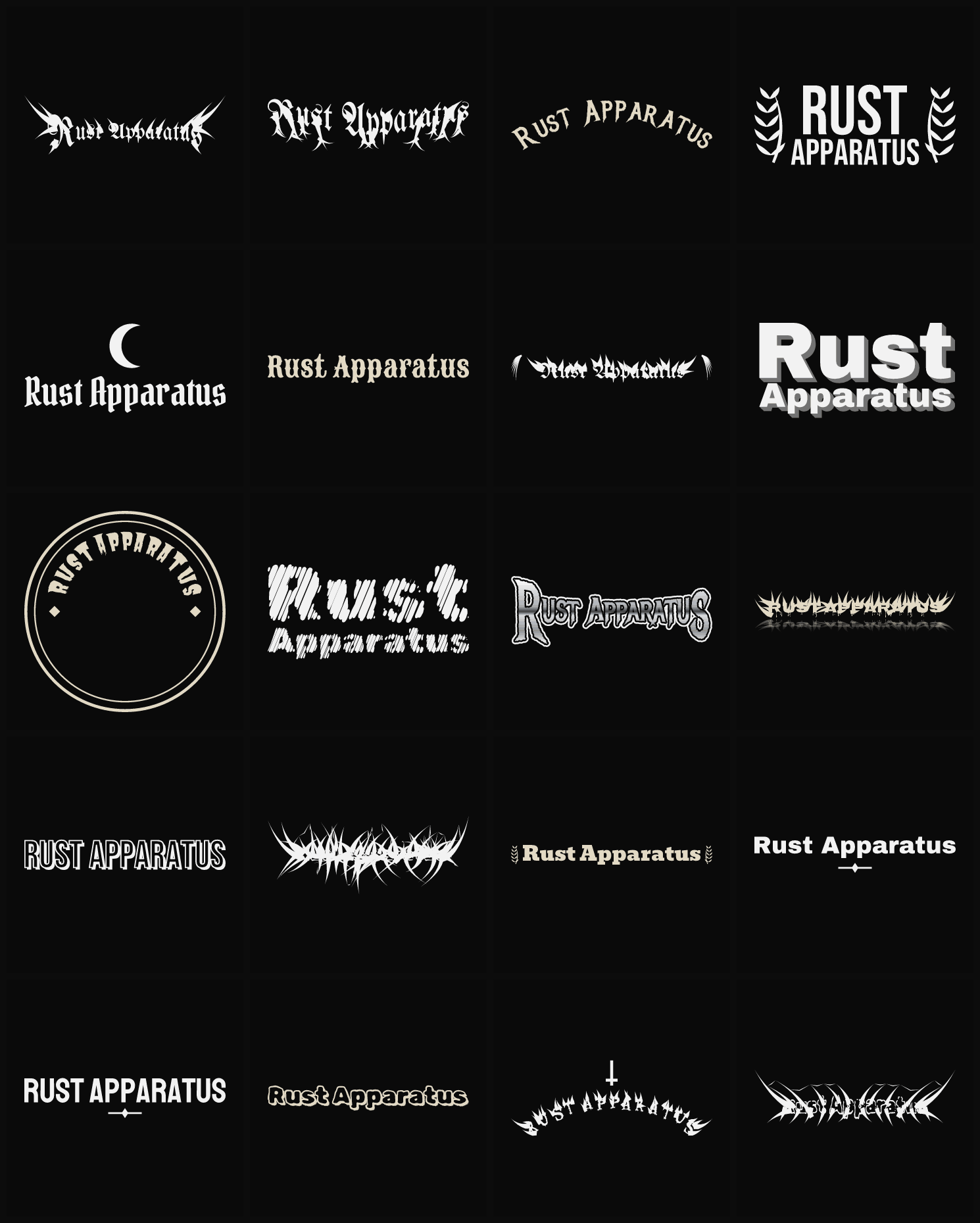 Twenty Rust Apparatus band logo ideas — different faces, treatments and spike settings