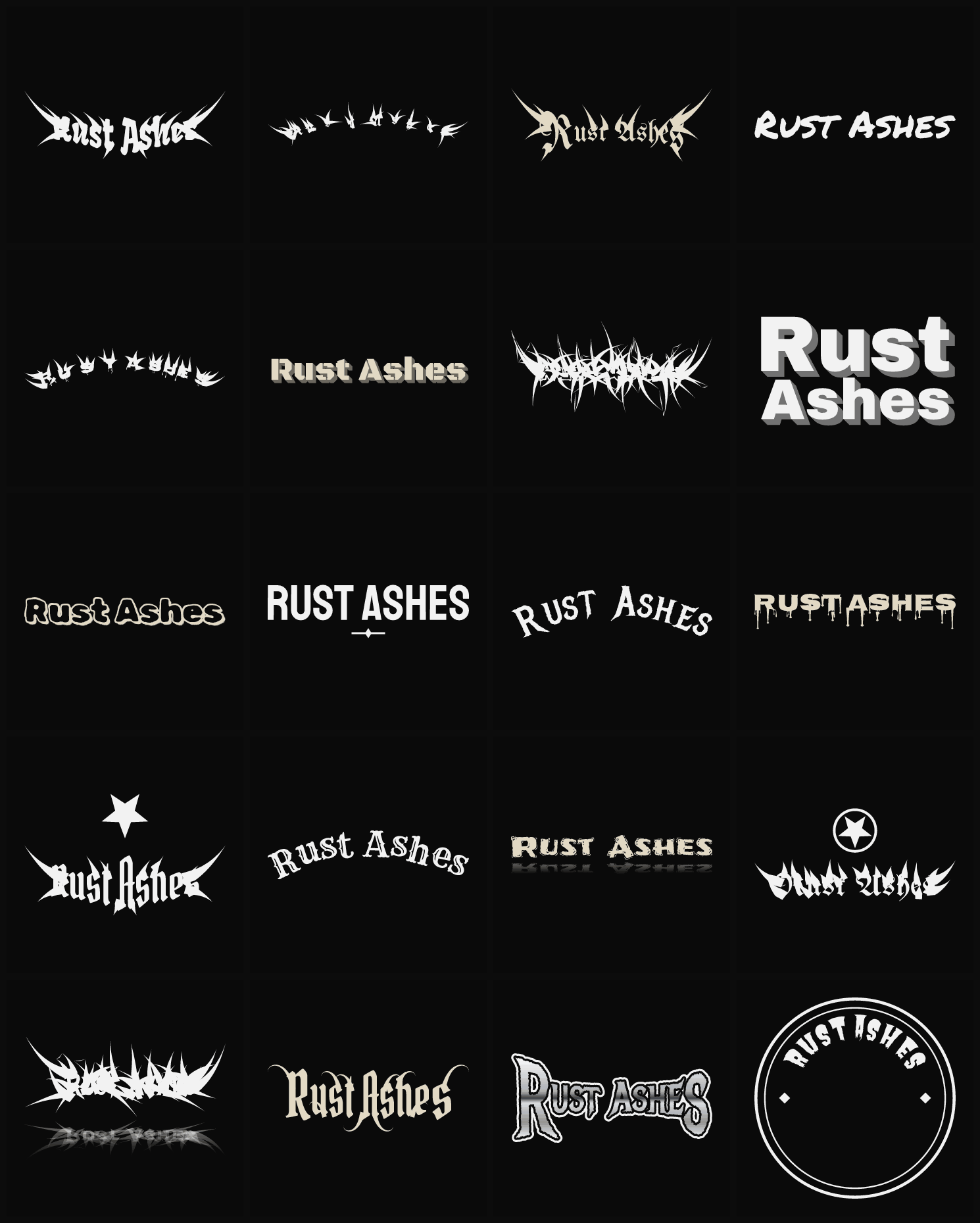 Twenty Rust Ashes band logo ideas — different faces, treatments and spike settings