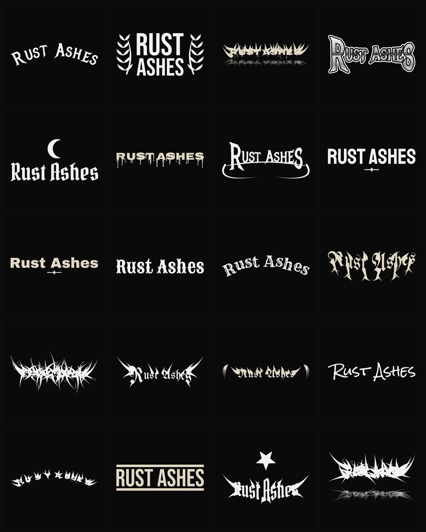 Twenty Rust Ashes band logo ideas — different faces, treatments and spike settings